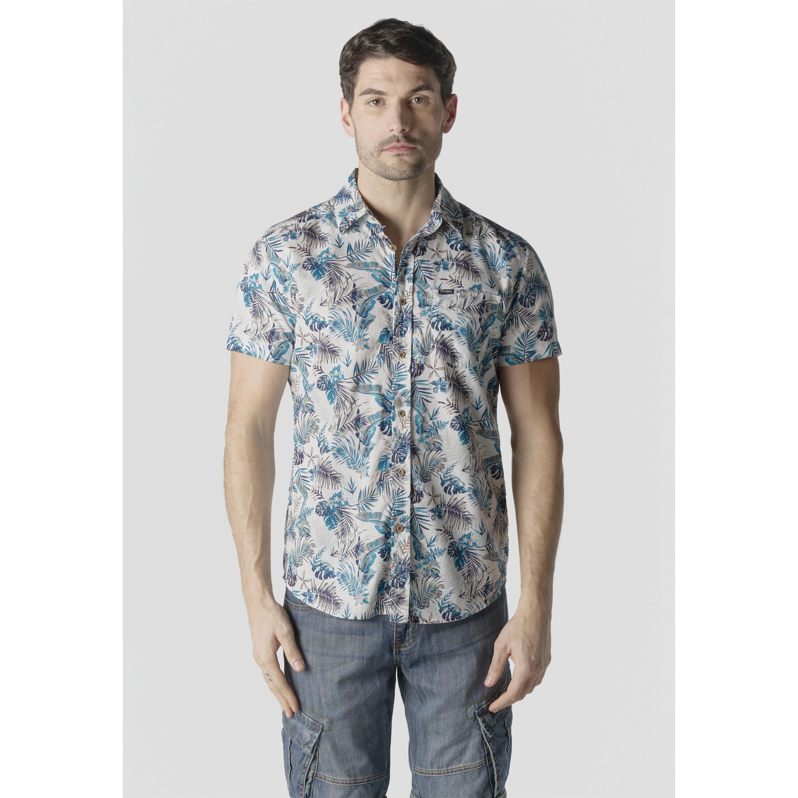 Koroshi - Camisa manga corta para hombre de algodón 100 % con estampado floral tropical all-over, cuello camisero y bolsillo de pecho
