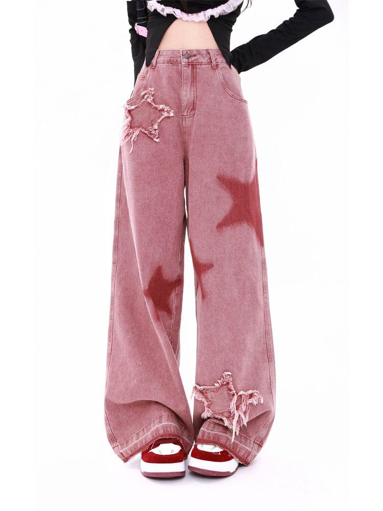 TK americano Retro Estrella Patrón Jeans Pantones Mujeres RAW Borde Empalme Vintage Pierna Ancha Pantalones Mujer Solta Fashion Todo-fósforo Trapear Pantalones 1