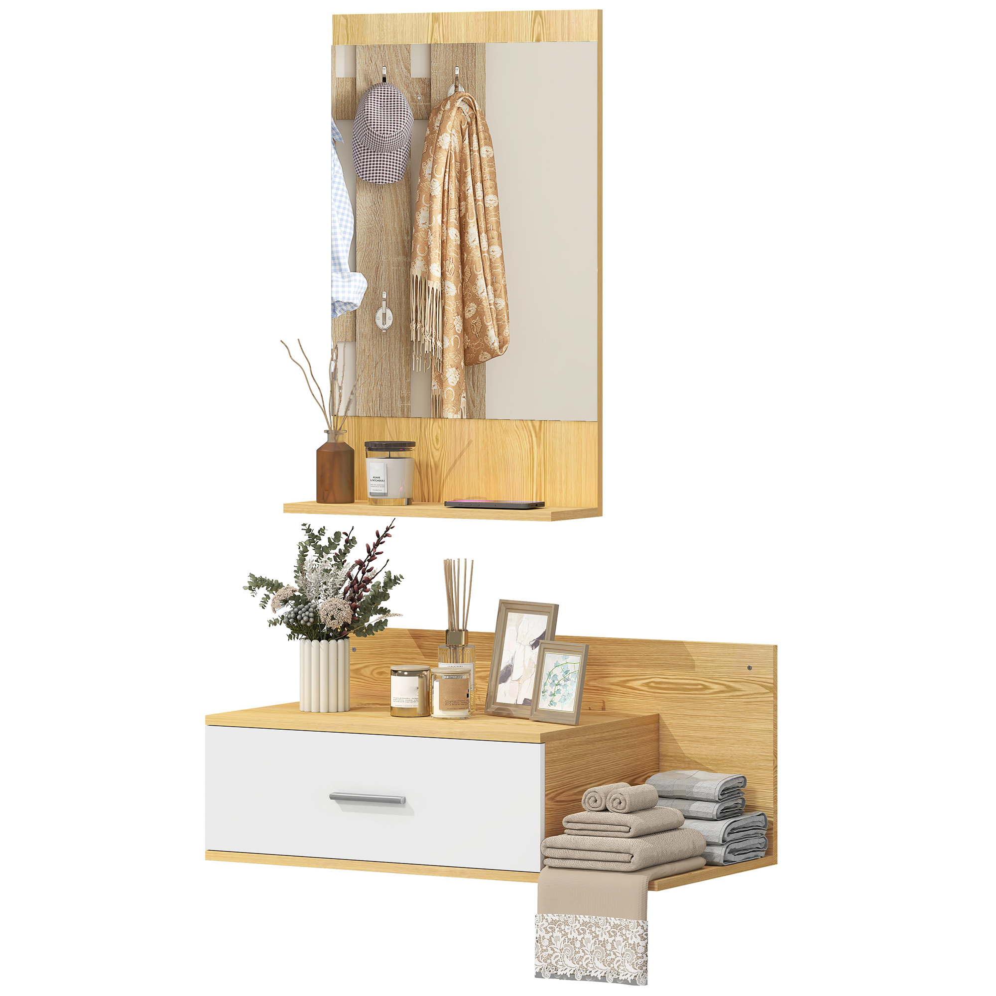 HOMCOM Conjunto de Recibidor de Entrada de Pared con Espejo, Cajón y 2 Estantes Abiertos, Muebles Recibidor para Pasillo, Madera Natural