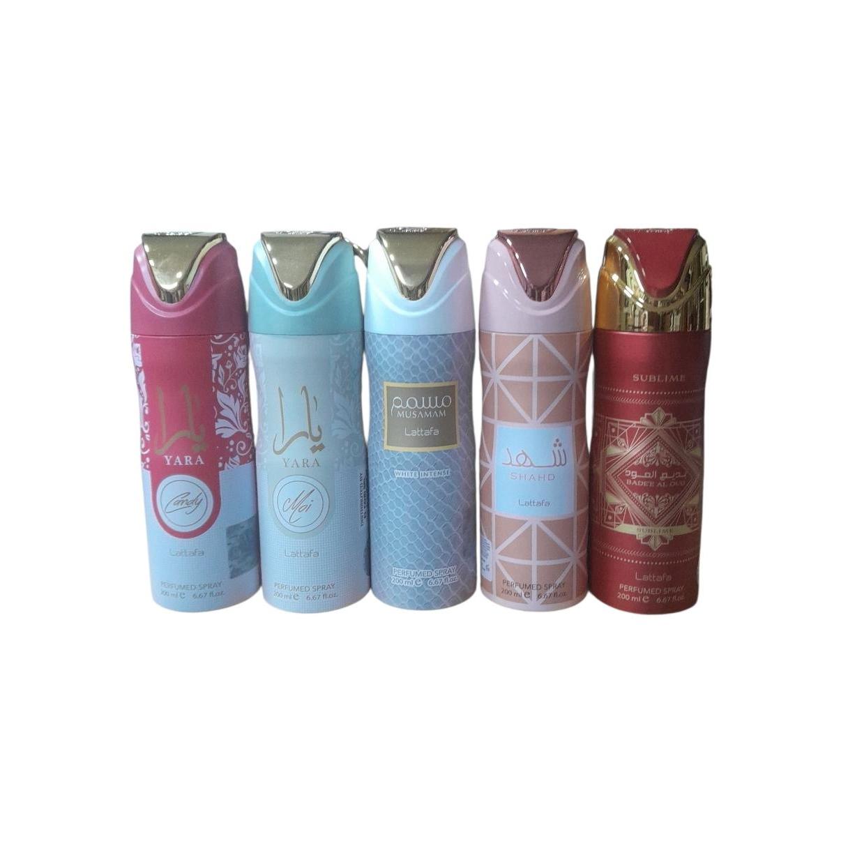 Pack 5 Uniades - Desodorantes para Mujer - Musamam White , Yara Rosa 200 Ml , Yara Candy 200 Ml , Badee Rojo , Shahd - Lattafa Set 5 Uni