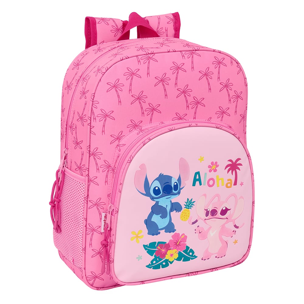 SAFTA | Mochila Escolar Guardería Stitch Adaptable a Carro Compartimento Principal con Cremallera, Ergonómica y Acolchada, Bolsillos Portabotellas, Bolsillo Frontal, Cremallera Doble Tirador, Infantil