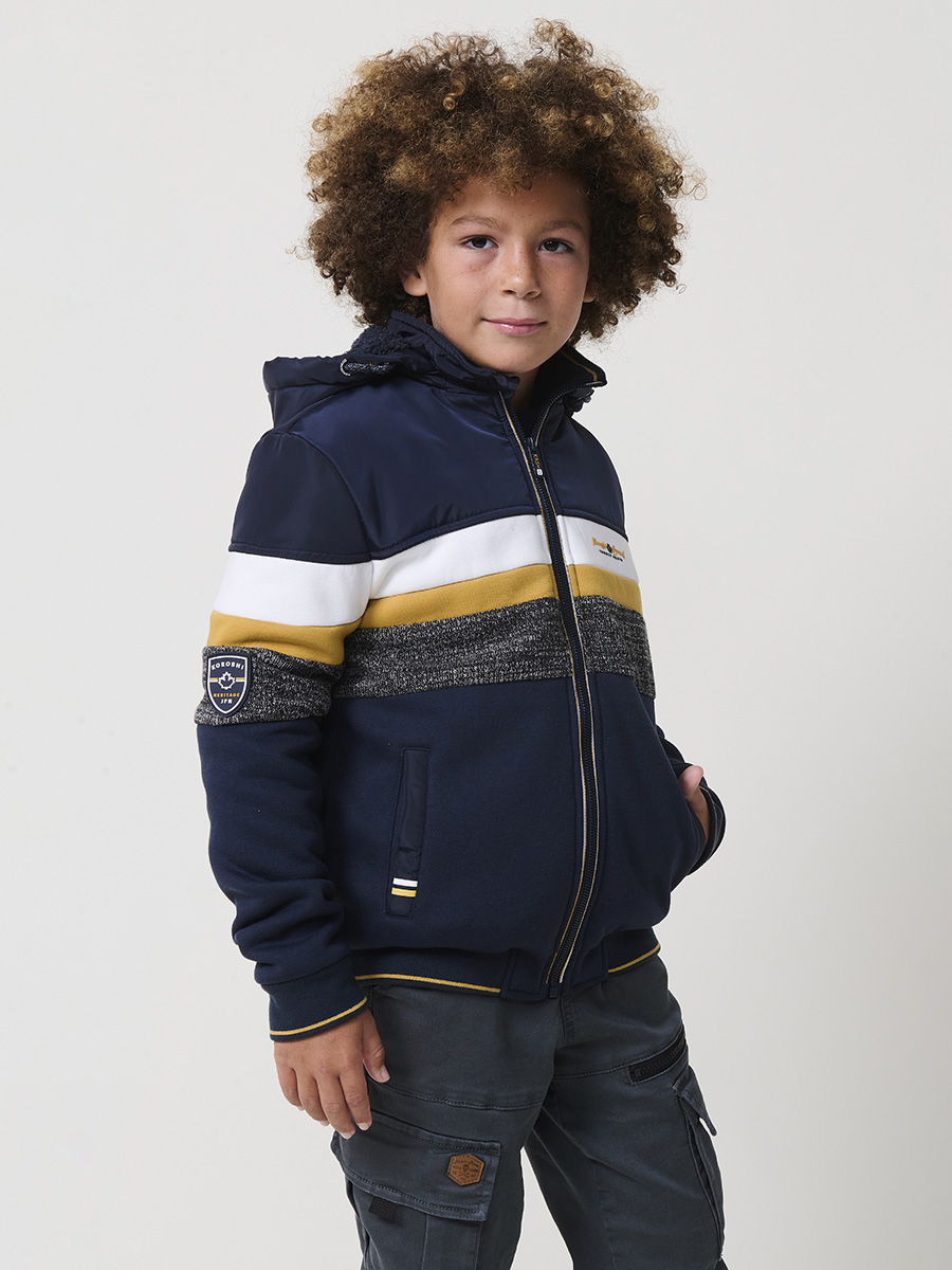 Koroshi - Chaqueta acolchada de felpa de algodón y poliéster para niño con capucha desmontable, estilo urbano navy