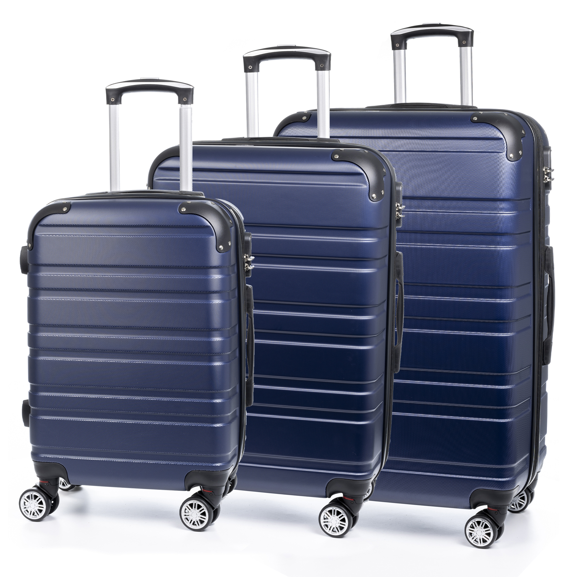 DAM.Juego de 3 maletas Trolley extensibles, en material ligero ABS de alta resistencia. Cerradura numérica, 4 ruedas dobles giratorias 360°. 50x31x77cm
