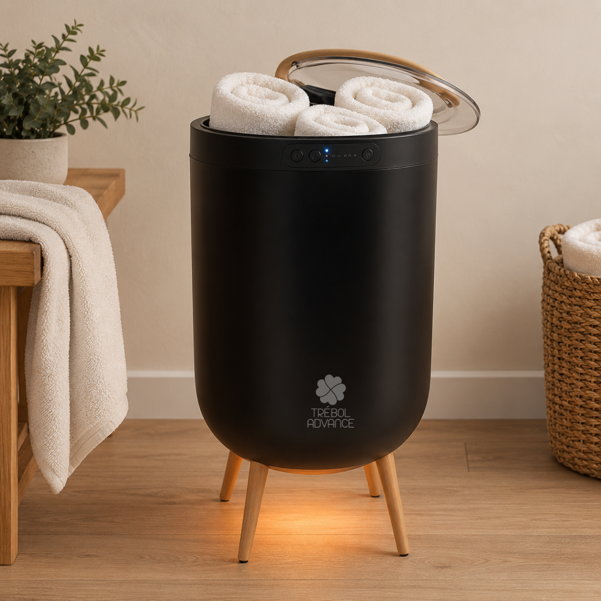 TRÉBOL - Calentador de toallas 20L con Bluetooth altavoz LED y soporte para fragancias