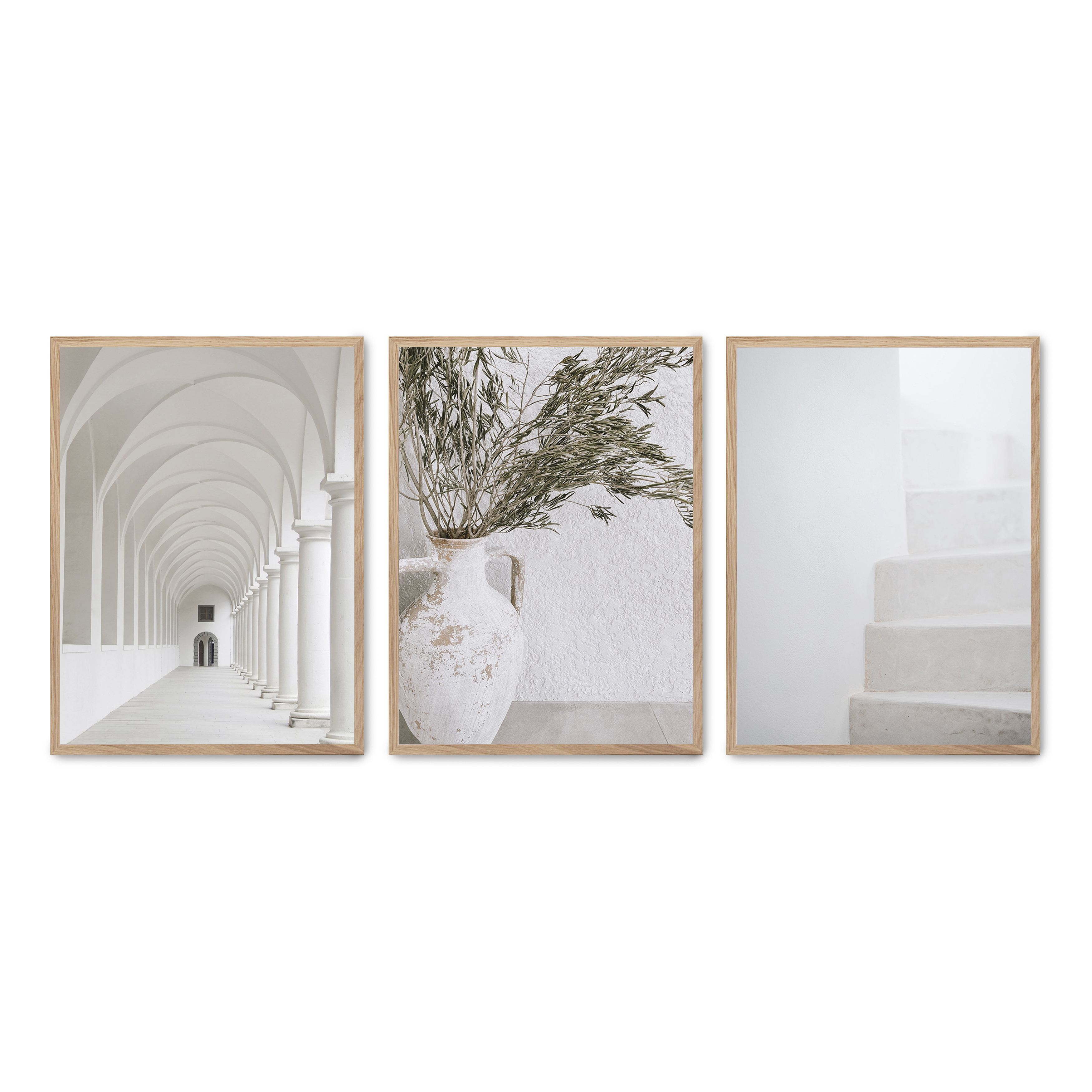 Set compuesto por tres cuadros con marco roble 30x40cm, Póster impreso en papel de calidad premium de 180gr, montado en marco de madera MDF con acabado en color roble, SETS