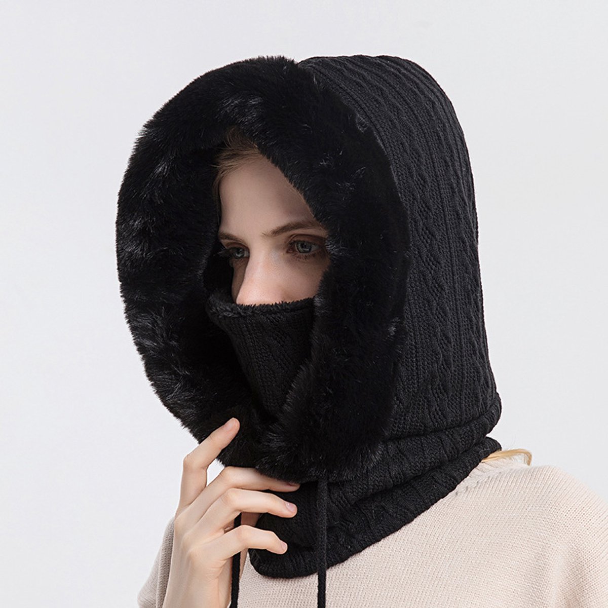 Winter Bont Muts Masker Set – Gebreide Kasjmier Hoed met Fluffy Capuchon, Warme Ski Winddichte Hals, Pluche Hoed voor Vrouwen, Sjaal en Gezichtsmasker Set voor de Koude Maanden