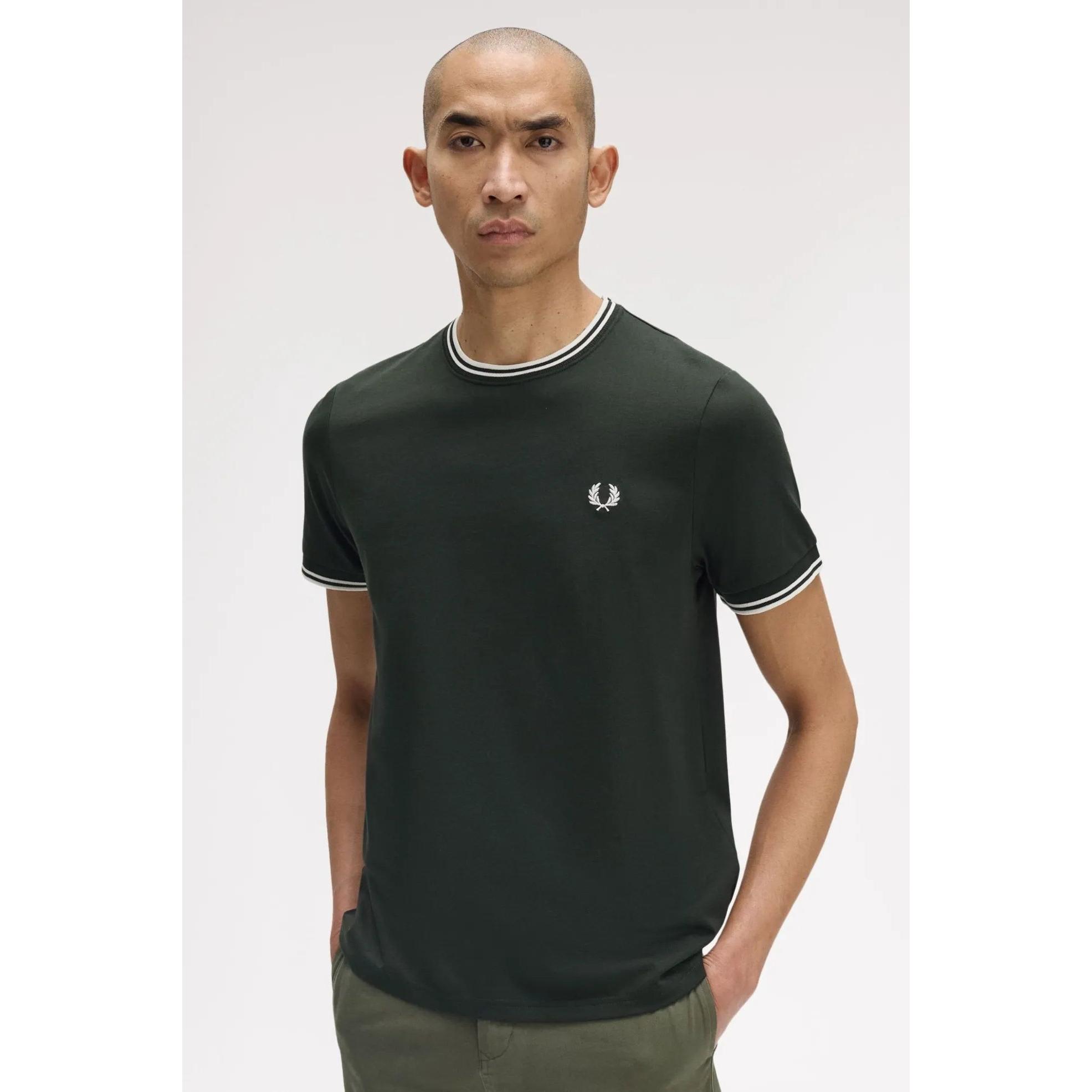 Fred Perry Camiseta Hombre Ribetes Verde T50