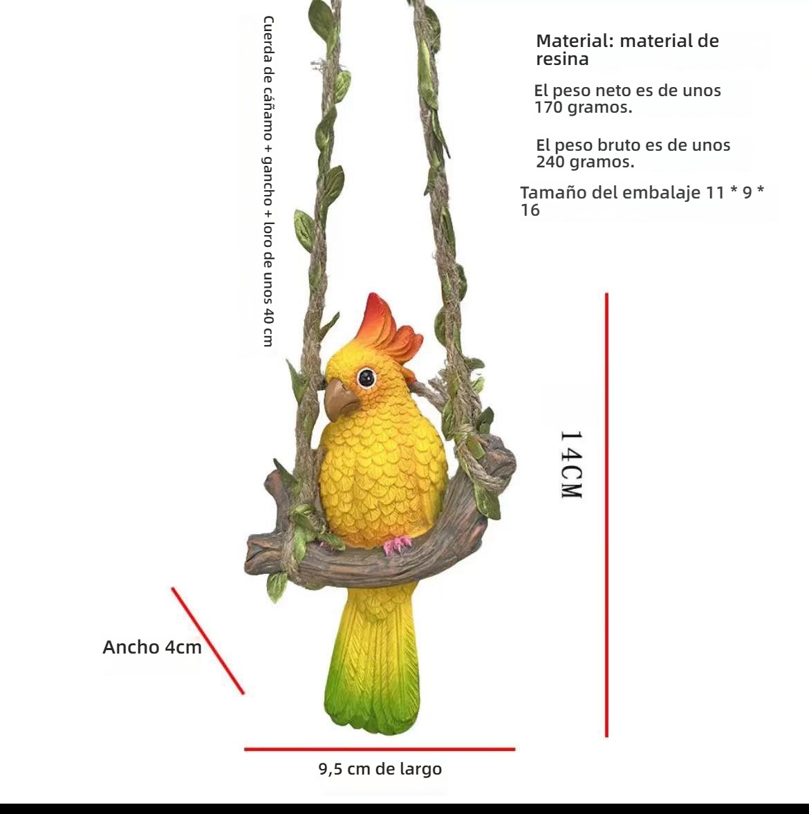 Colgante decorativo de loro en columpio - Figura de resina para jardín, balcón y exteriores