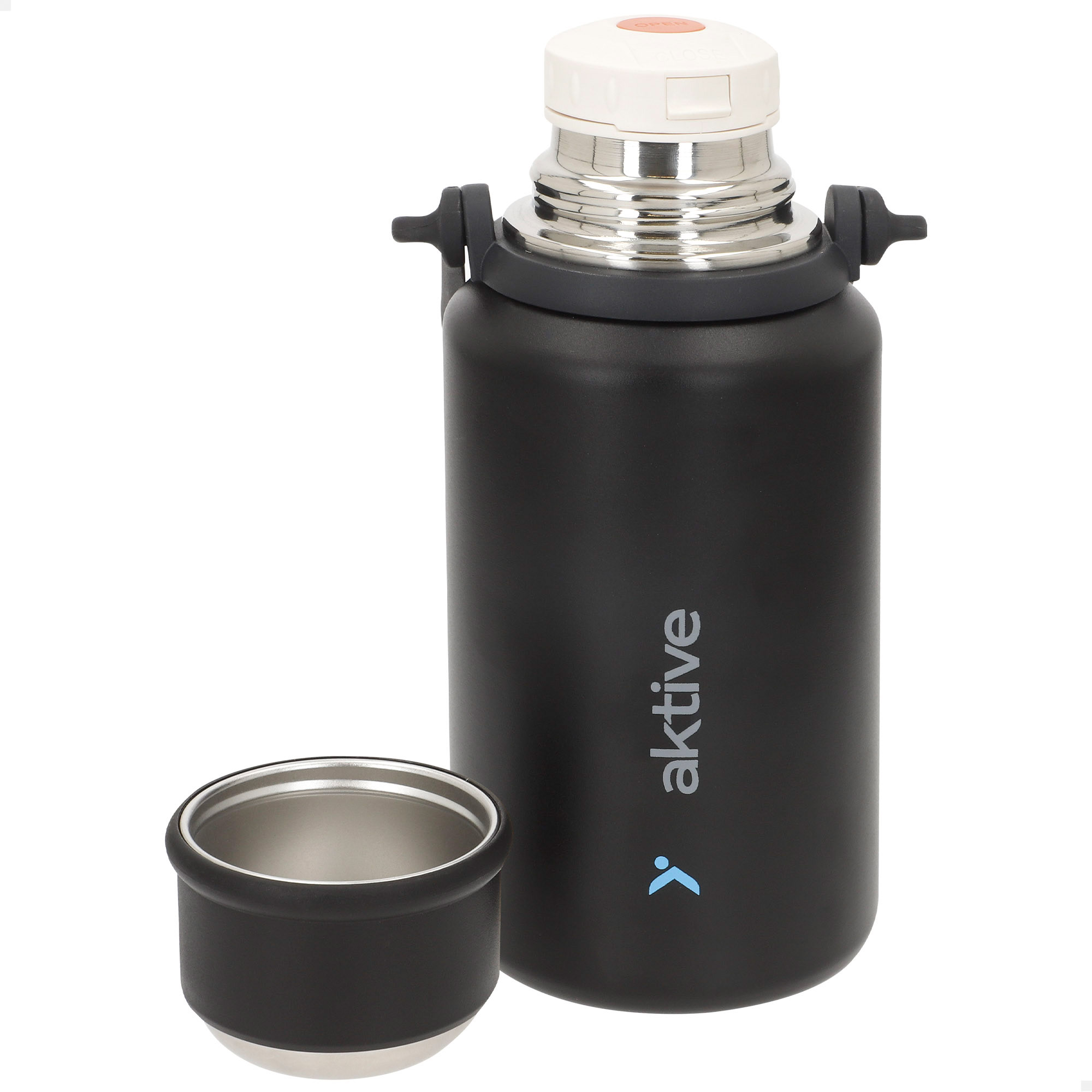 Aktive - Botella térmica, 900 ml, color negro, acero inoxidable 18/8, medidas 10x10x22 cm, tapón hermético antifugas, incluye taza, asa y correa, libre de BPA, base antideslizante, botella agua térmica, botellas termo