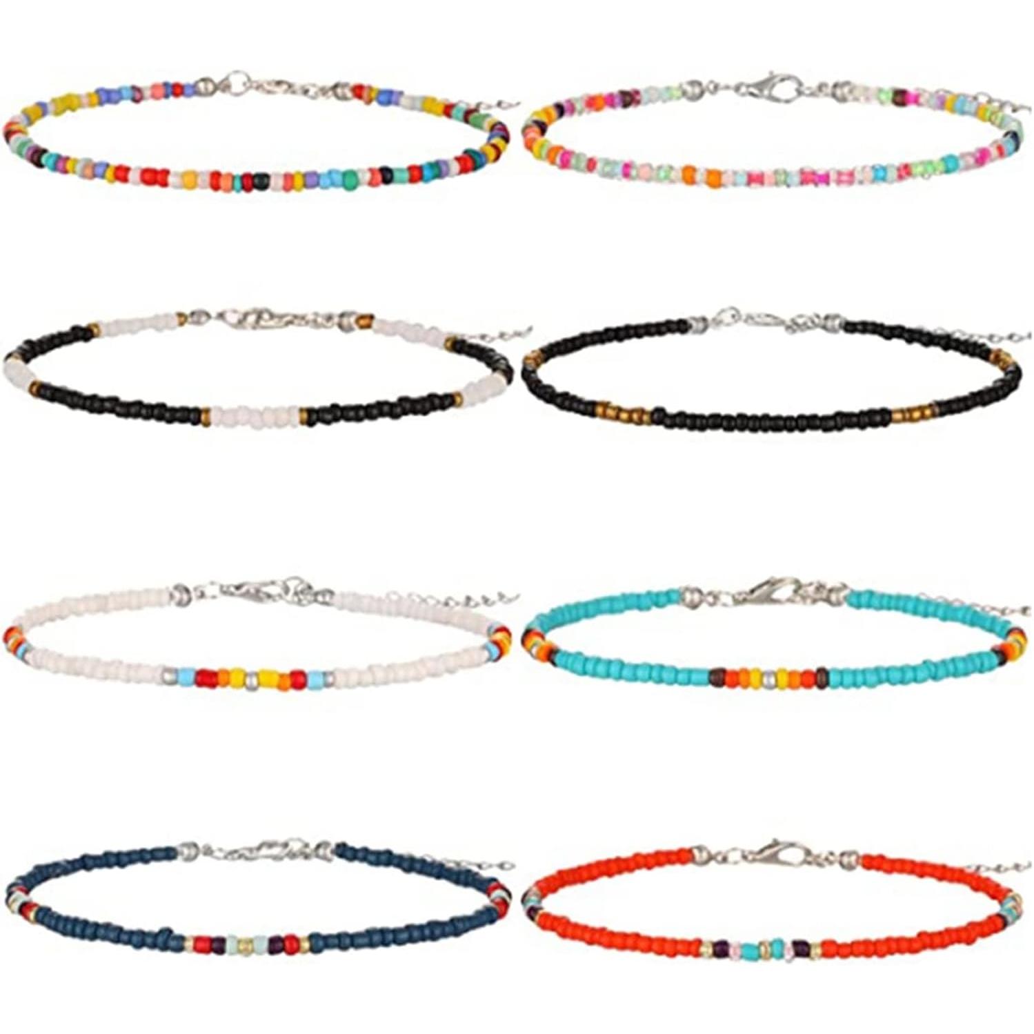 8 Piezas Tobilleras Colores Cuentas, Pulseras de Tobillo de Colores, Tobilleras Estilo Boho, Tobilleras Cuentas, Ajustable, para Mujeres, Niñas, Verano