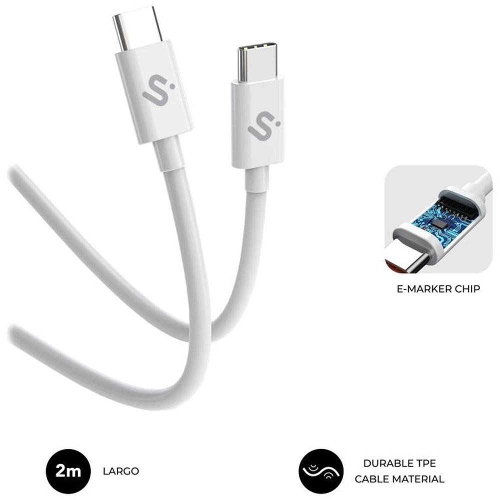 Subblim - Cable USB-C Plus 100W 2m nylon con carga rápida y transferencia de datos hasta 480 Mbit/s, color blanco