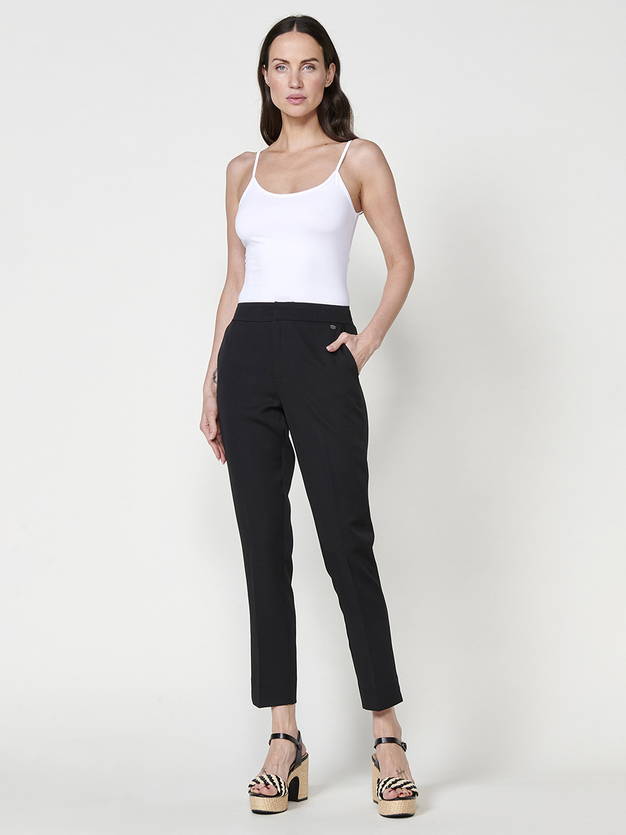 Koroshi - Pantalón recto de crep mujer 80% viscosa y 20% lino, tiro medio con goma trasera, negro versátil para oficina y día a día