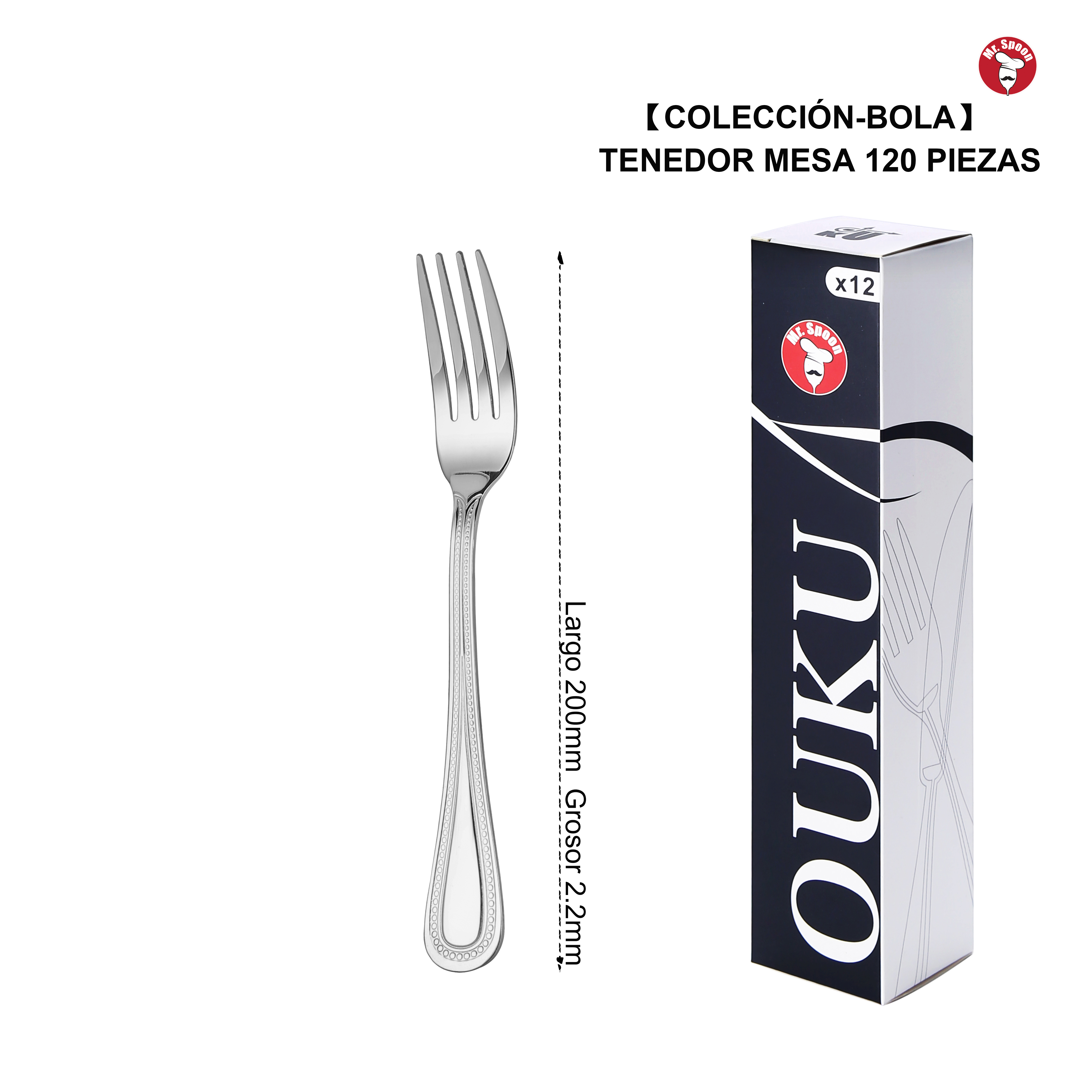 Mr.Spoon Serie Bola Tenedores de 12, 48 o 120 piezas, Acero inox18/0,Económico y funcional,Tenedor mesa 200mm,tenedor fruta 175mm,tenedor postre y aperitivo 150mm/135mm,Mango monobloque,Apto para lavavajillas,Empaque ecológico,Para casa,hotel,restaurante