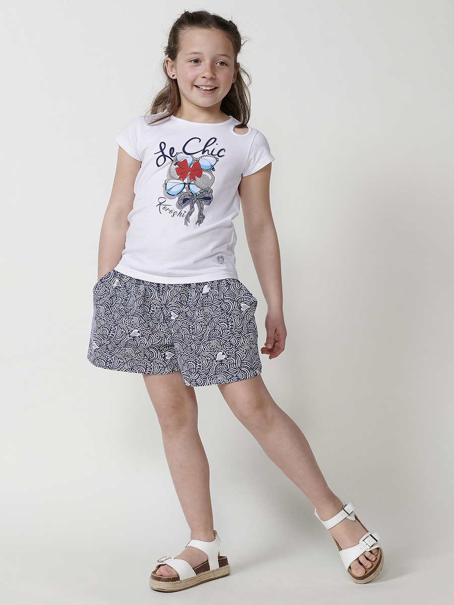 Koroshi - Top niña manga corta con estampado de gafas y lazo brillante en algodón elástico blanco para verano