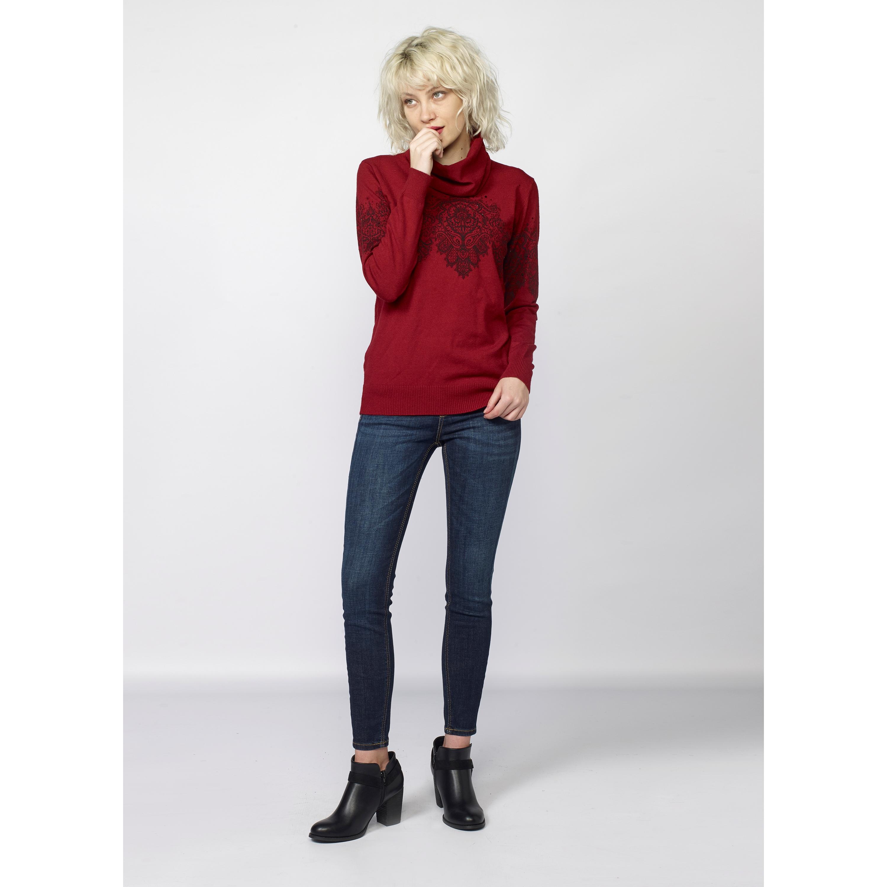 Koroshi - Jersey de mujer punto fino con estampado cachemir y brillantes a contraste, cuello vuelto y manga larga en granate