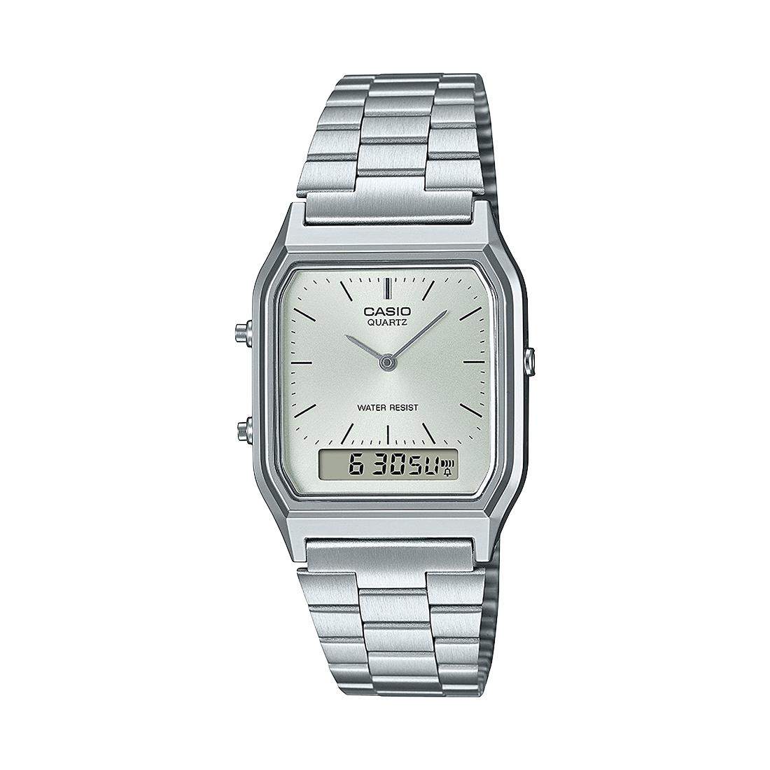 Reloj Casio Retro de Hombre en Acero – Estilo Vintage Analógico-Digital | Esfera Plata blanca AQ-230A-7AMQYES