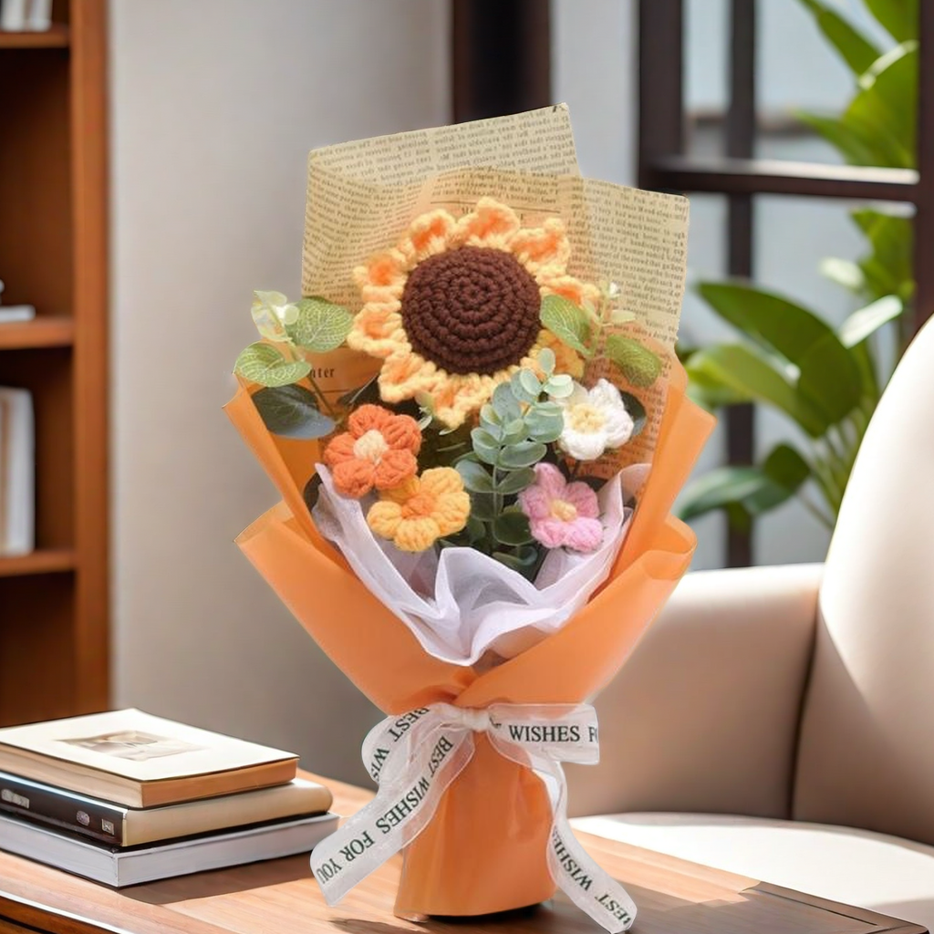 TK 1pc Bouquet De Crochet Efun Flores Hechas a Mano Con Girasoles Y Margaritas Regalo Para San Valentín Aniversario Boda Día De La Madre Cumpleaños Decoración De Hogar
