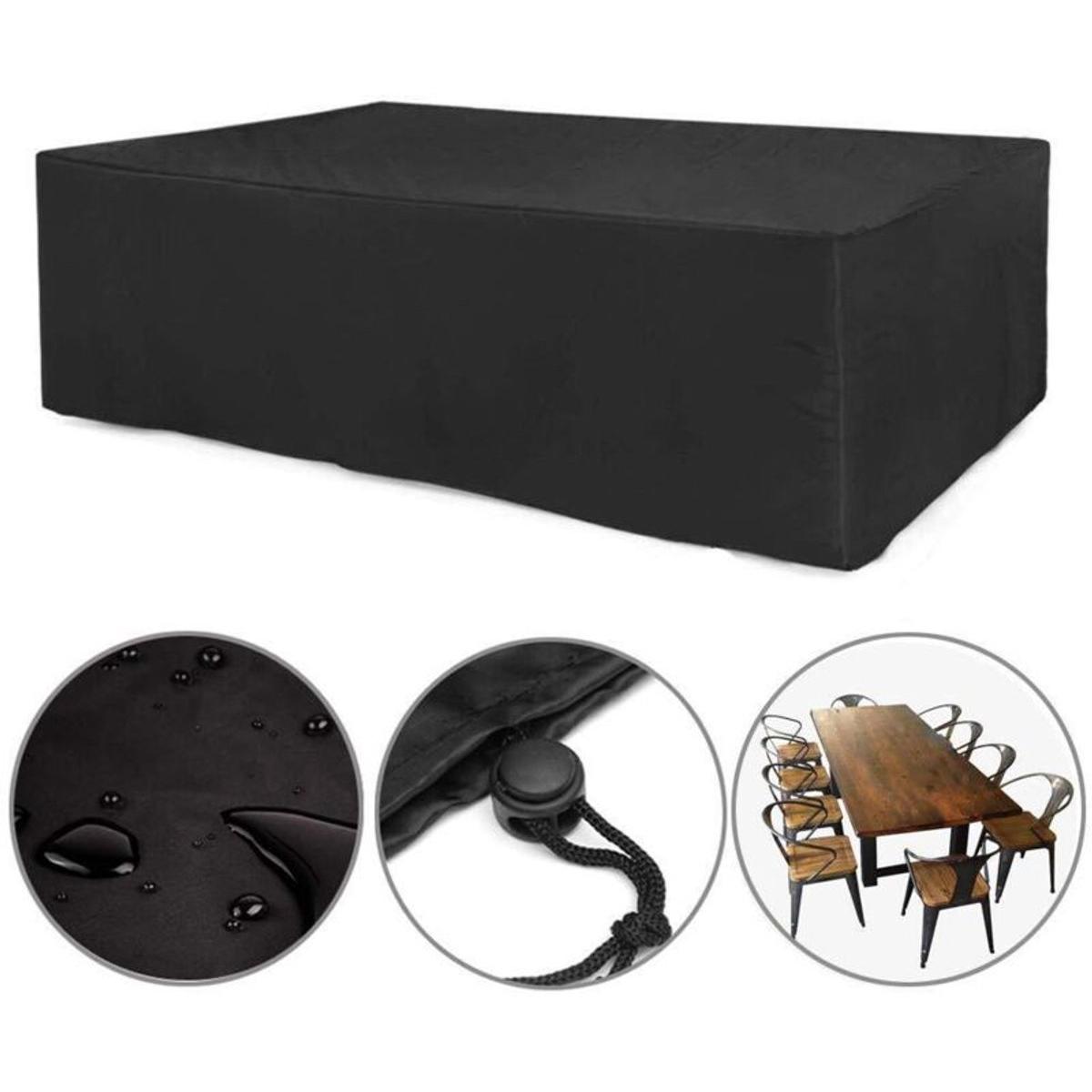 Funda para muebles de jardín, funda de mesa de tela Oxford, protección resistente a la intemperie, apta para conjuntos de mesa y sillas, apta para cierre con cuerda y hebilla (213 x 132 x 74 cm)