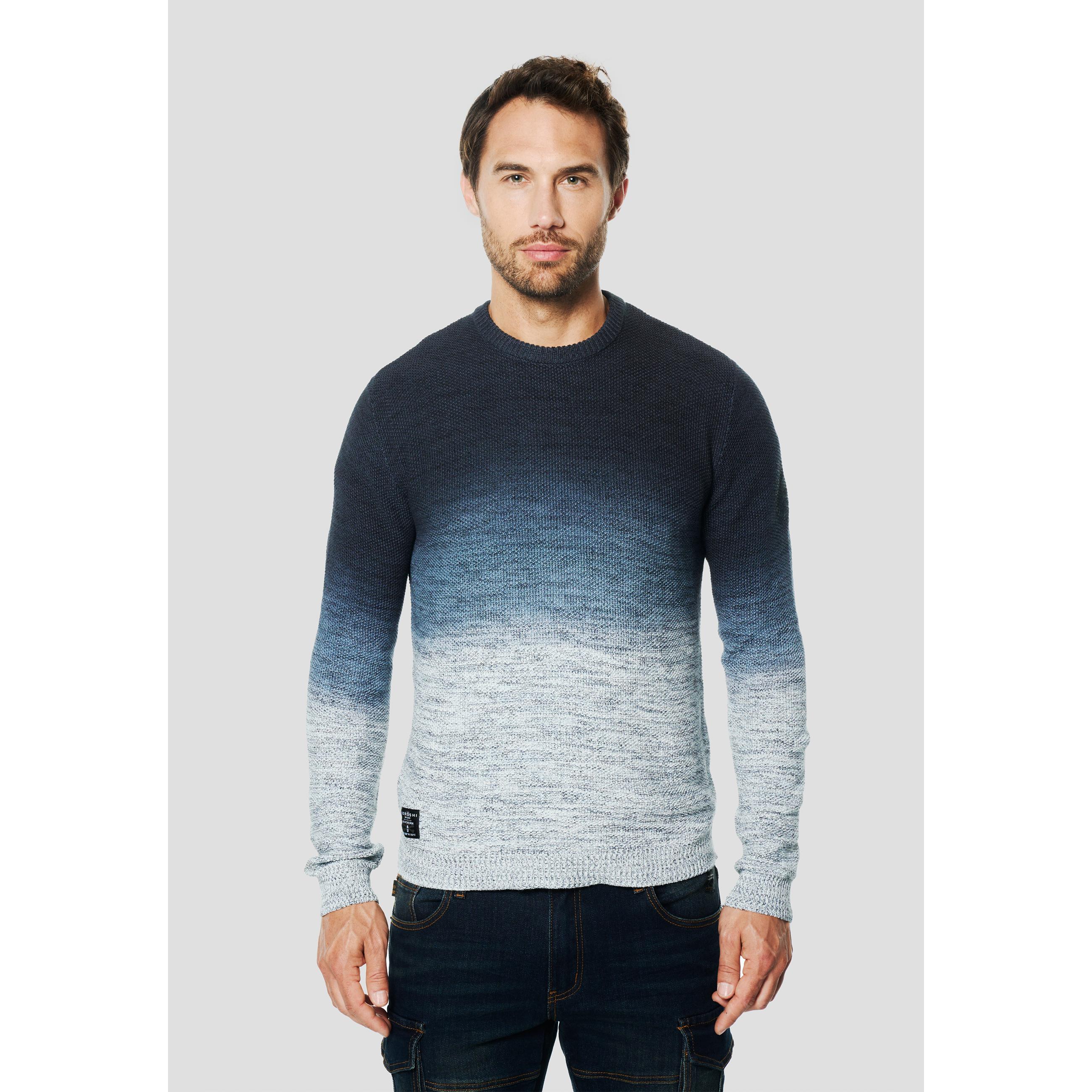 Koroshi - Jersey hombre cuello redondo de punto degadado washed en algodón 100%, efecto navy a blanco, corte regular y manga larga