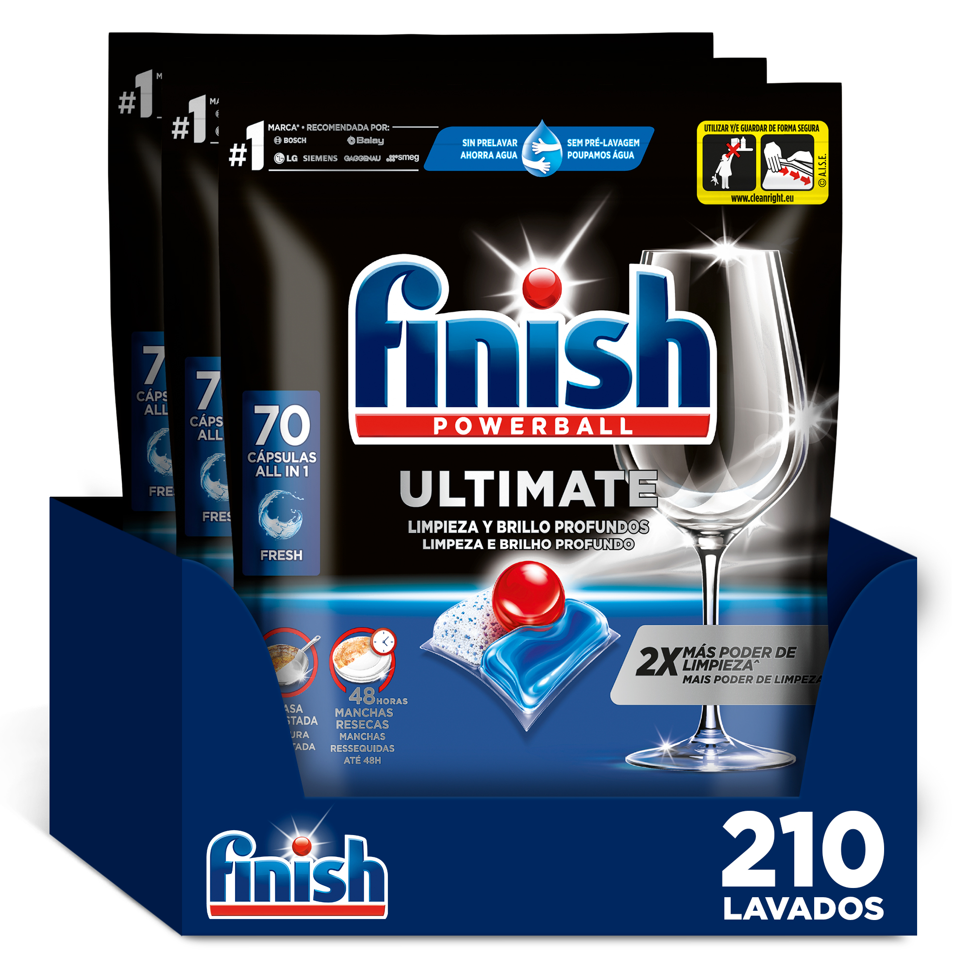 Finish Powerball Ultimate, 140 | 210 | 280 Pastillas Lavavajillas, Aroma Regular, Limpieza y Brillo Profundos
