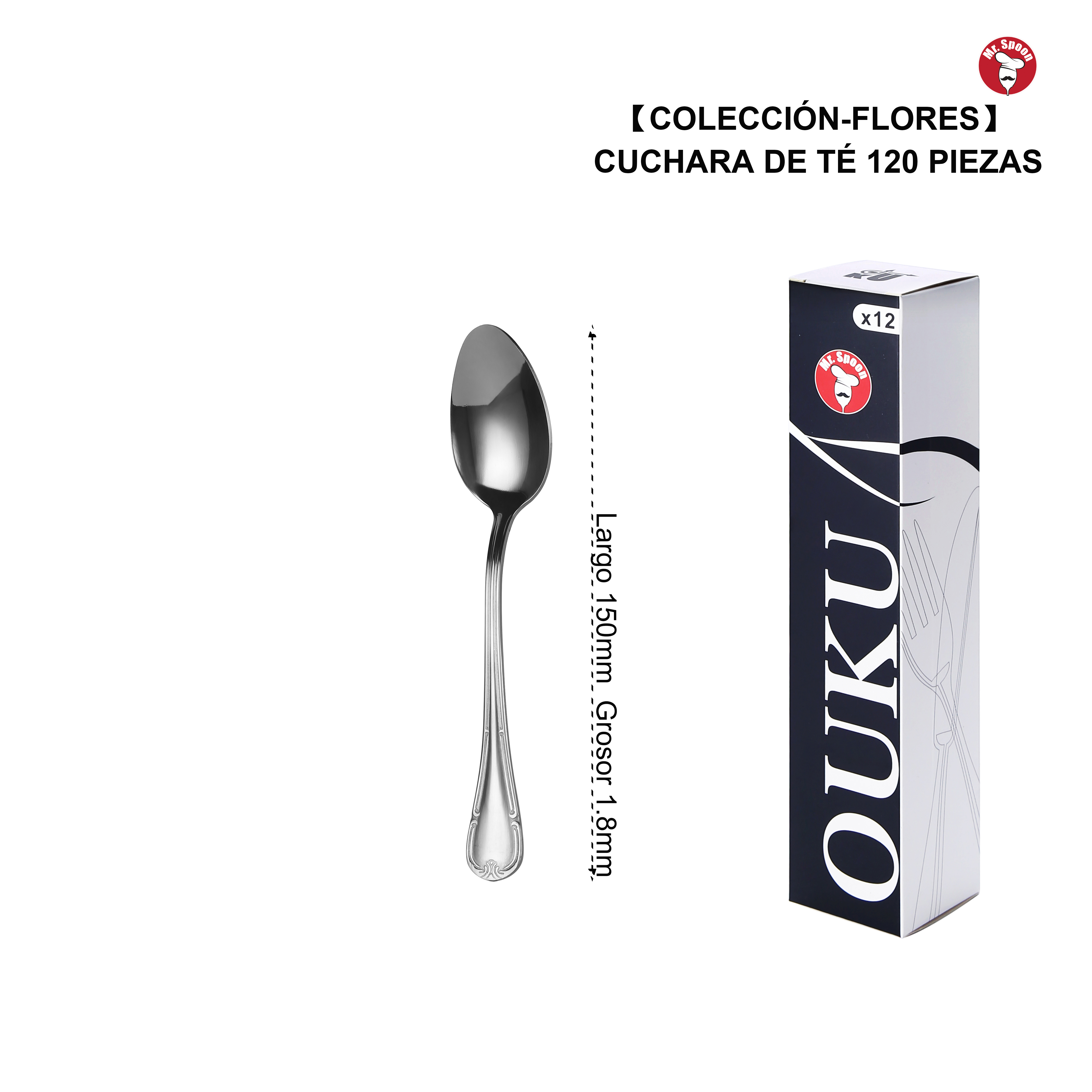 Cuchara de Té Multifuncional Mr.Spoon Serie Flores Clásica 150mm Acero Inoxidable 18/0 Plateada , Ideal Café, Latte y Postres , Apta para Lavavajillas , Uso Profesional Hostelería Restaurante Hotel , Venta Mayorista