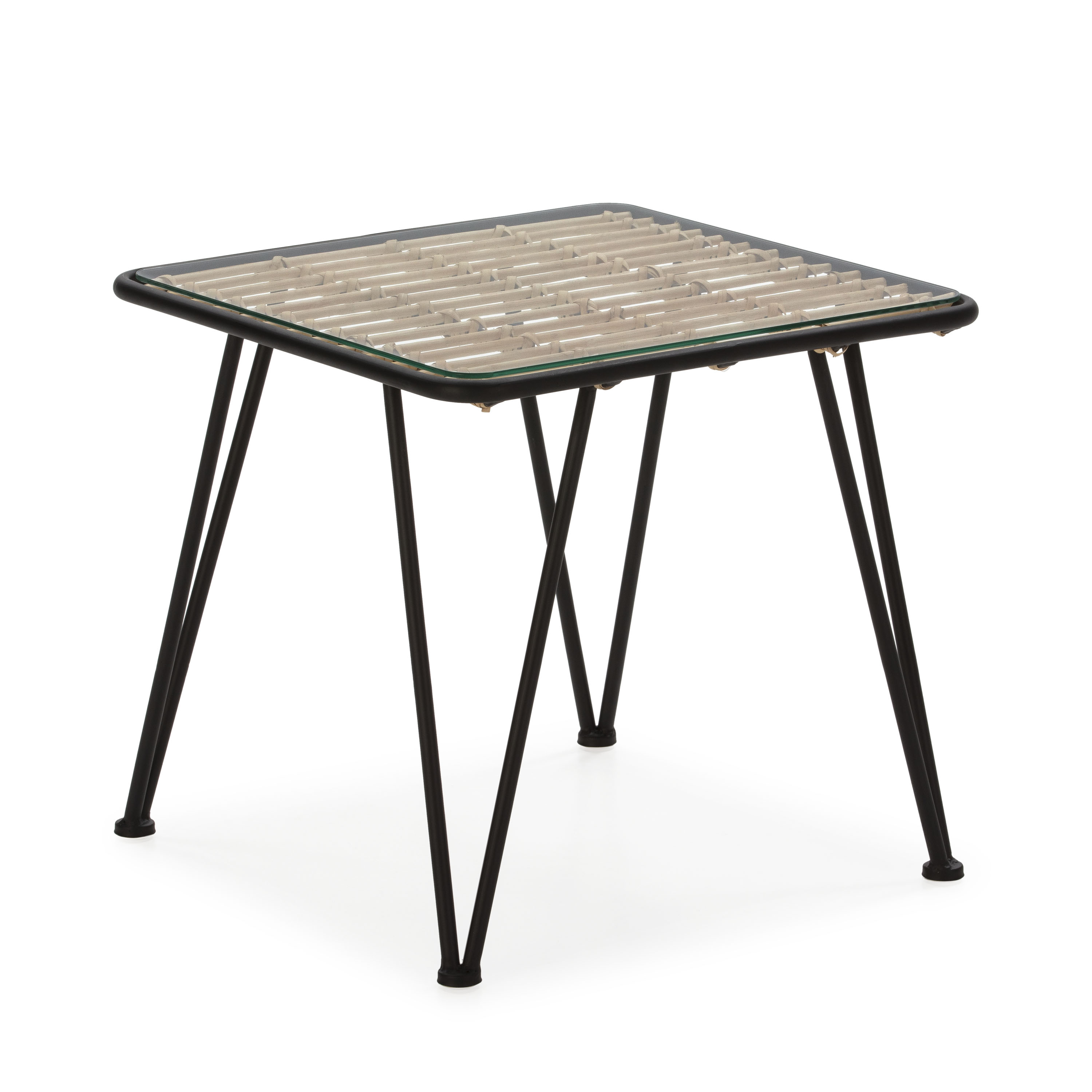 Mesa auxiliar 51x51x46 cristal metal negro ratan natural, de cristal/metal, ratán hierro/cristal/rattan, color negro/natural pintura negro, 51x51x46 cm Fijalo