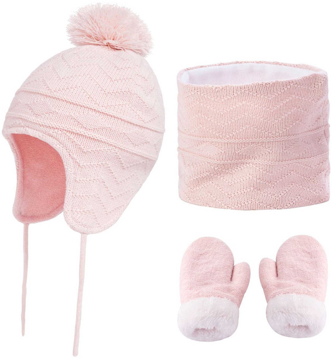 Driedelige set kindergebreide muts - sjaal - handschoenen, dikke warme pomponmuts voor meisjes met chokermuts, warm pak voor jongens, handschoenen en wintermutsenset, L,roze
