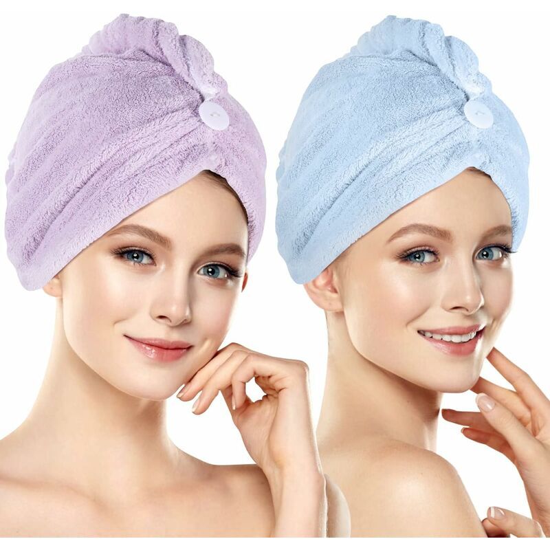 CA Toalla para el cabello, 2 unidades de microfibra, turbante superabsorbente para un secado rápido con diseño de botones, 25 x 60 cm, morado y azul