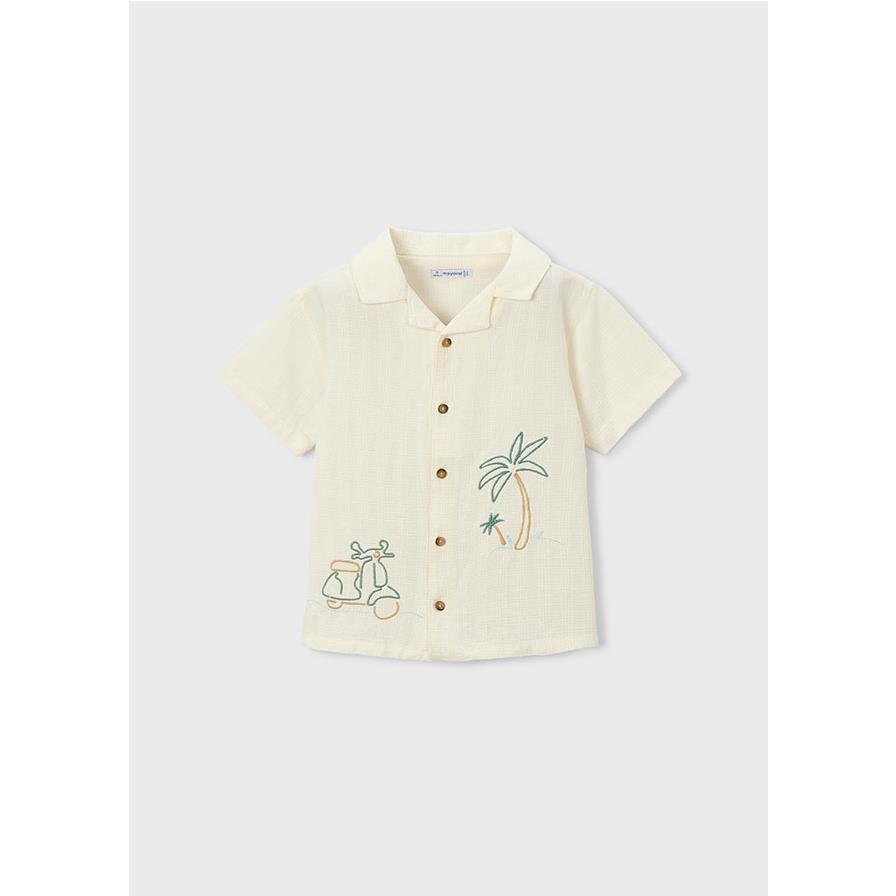 Mayoral - Camisa de manga corta con bordados para niño, estilo casual y cómoda, color beige, ideal para uso diario y ocasiones especiales