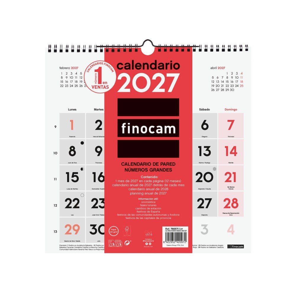 FINOCAM CALENDARIO PARED 2027 NUMEROS GRANDES 30X30 CALENDARIO ANUAL