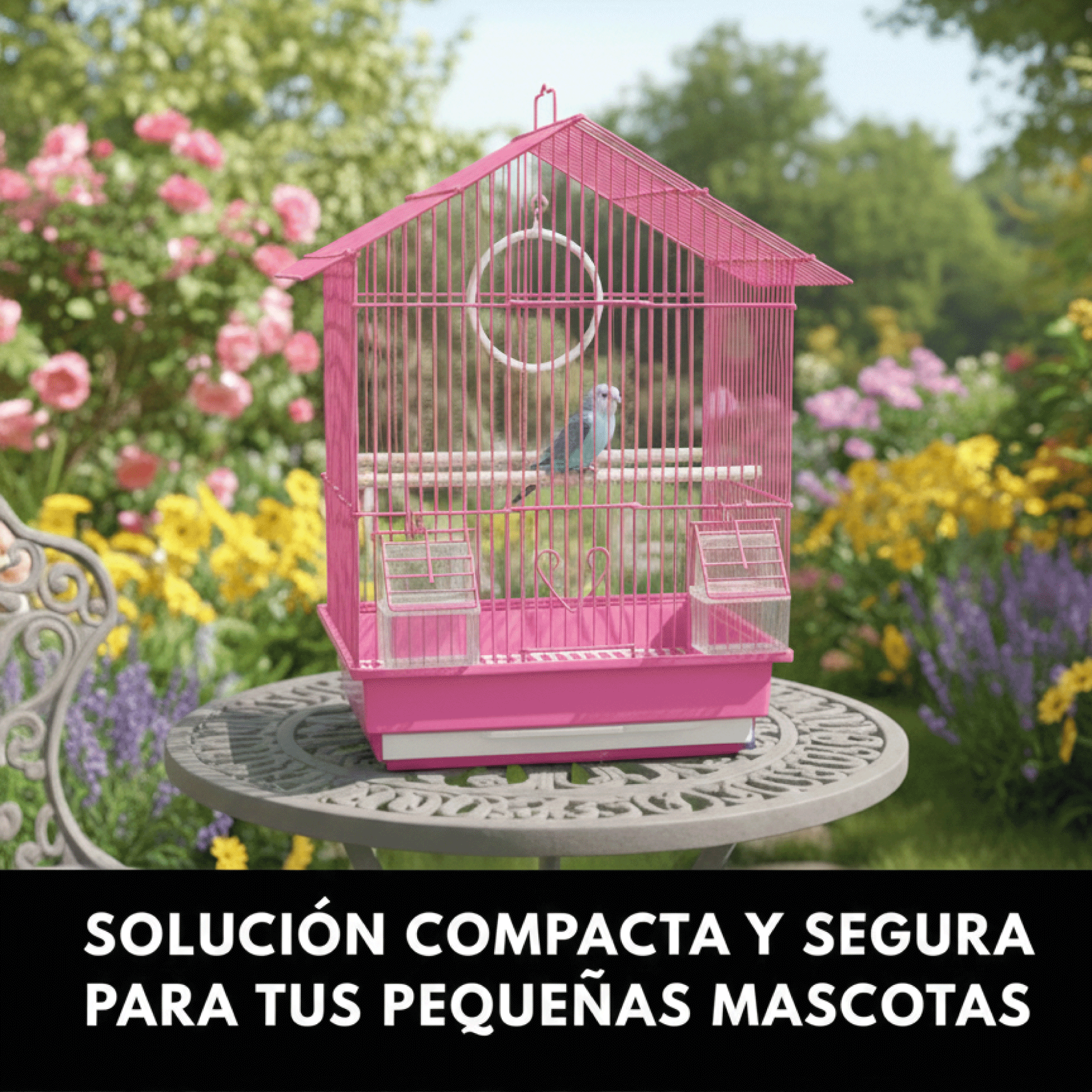 Jaula para Pájaros Moly con Tejado Inclinado | 2 Comederos Exteriores, Parrilla y Bandeja Extraíble- Base con Parrilla y Columpio