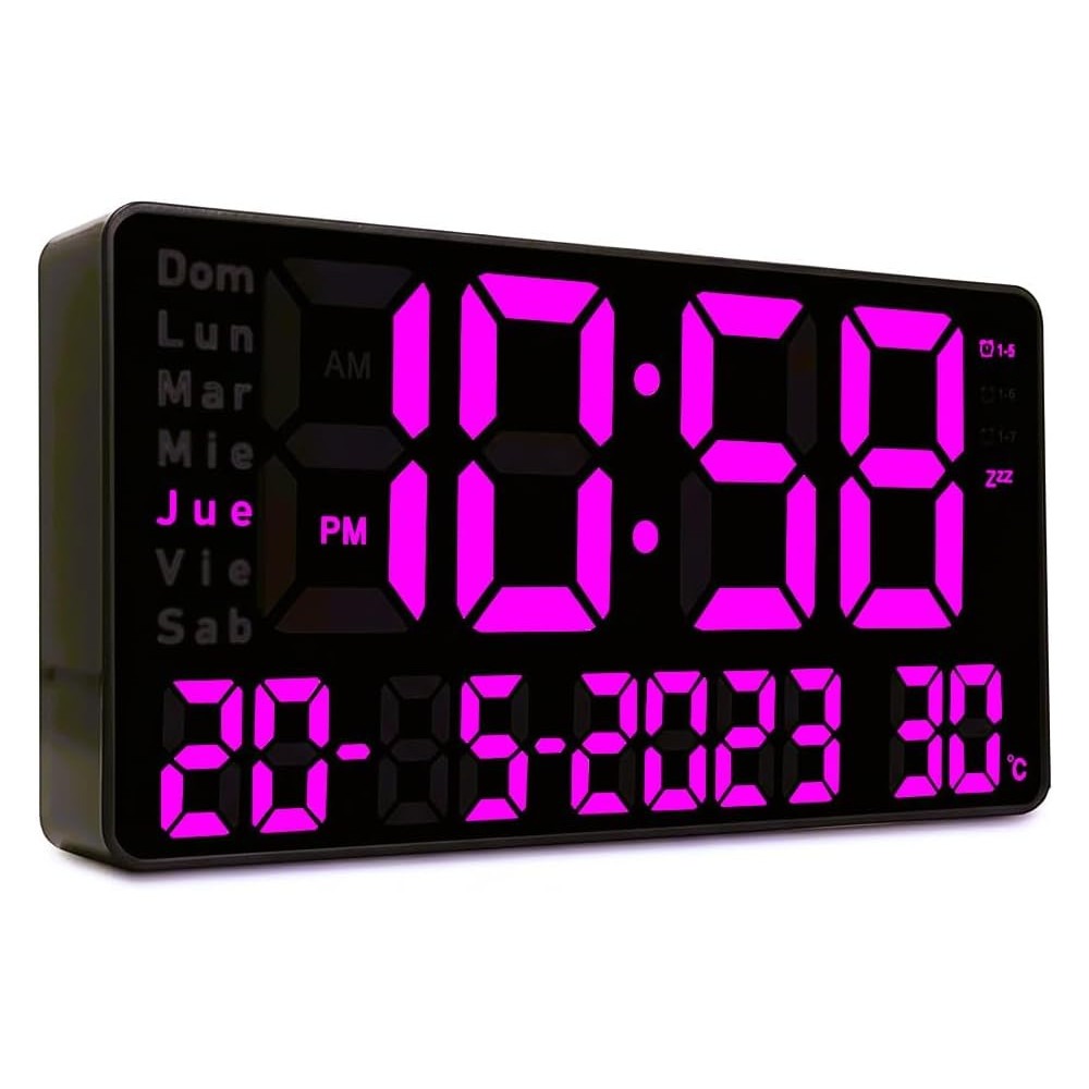 Reloj Pared o Mesa Digital Pantalla LCD Dia Fecha Hora Temporizador Led Display De Hora Y Temperatura, 12 Y 24 Horas (Fucsia) coshano