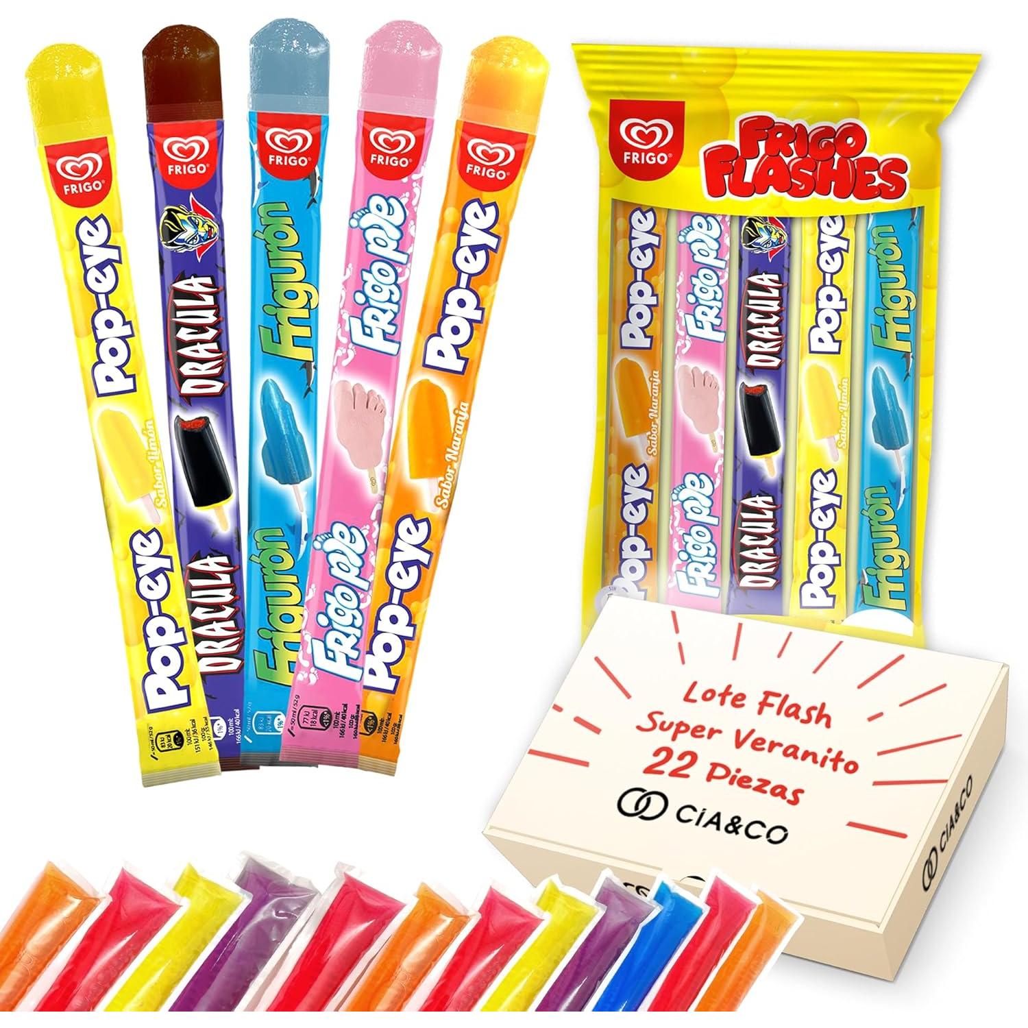 Pack Veraniego Cia&Co con 22 Flashes Surtidos. Incluye 10 polines de marcas Frigo como Popeye, Frigo Pie y Drácula, más 12 flashes Burmar de sabores clásicos.