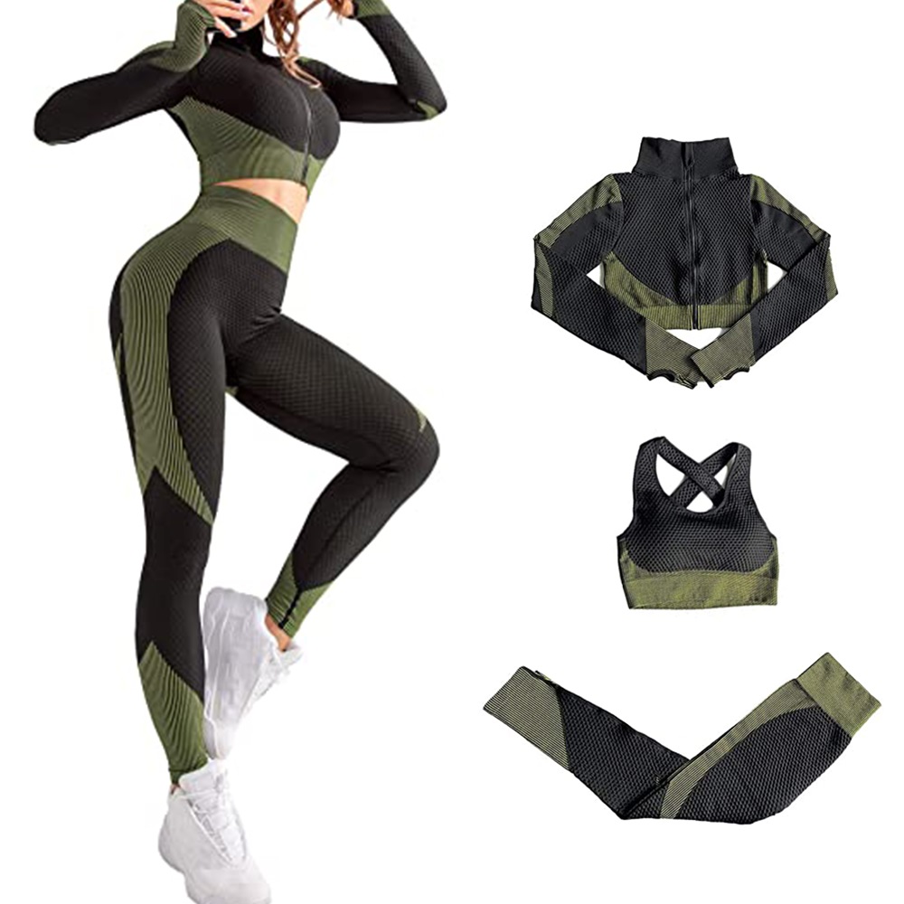 Om Home Conjunto de entrenamiento para Mujer, de 3 piezas chándalo, leggings de yoga sin Costura with Realce de cadera y sujetador Deportivo elástico, Conjunto de ropa de Gimnasio