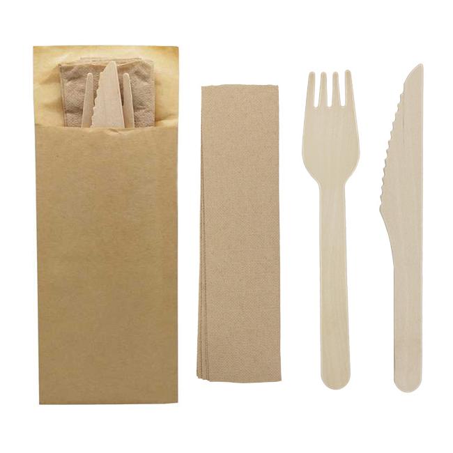 MONOUSO | Set Cubiertos Madera Tenedor, Cuchillo y Servilleta (50 Uds)