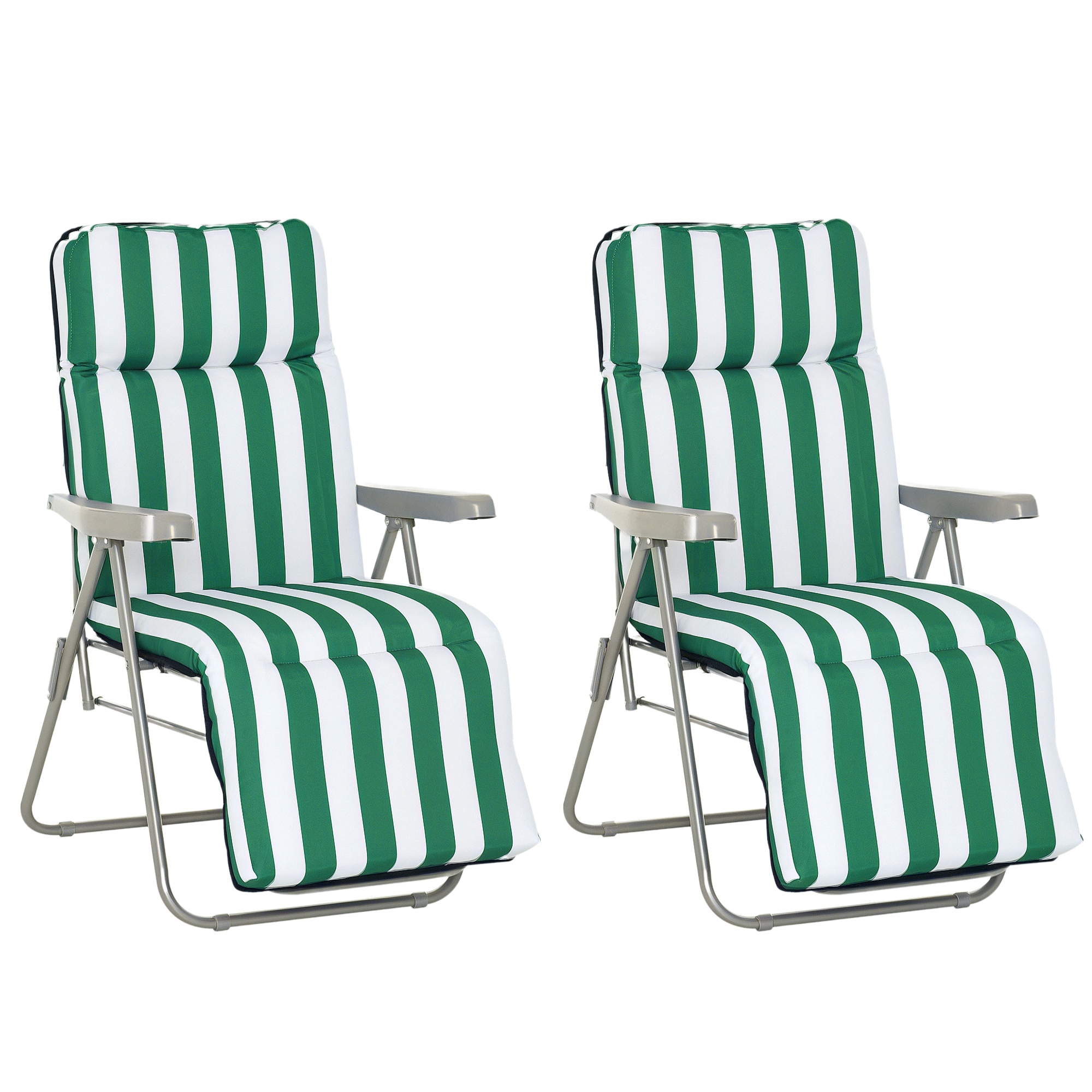Outsunny Pack de 2 Tumbonas Plegables Tumbonas de Jardín Exterior con Cojín Acolchado, Respaldo Ajustable en 5 Posiciones, Reposapiés y Marco de Acero, 60x75x65-102 cm, Rayas Verde