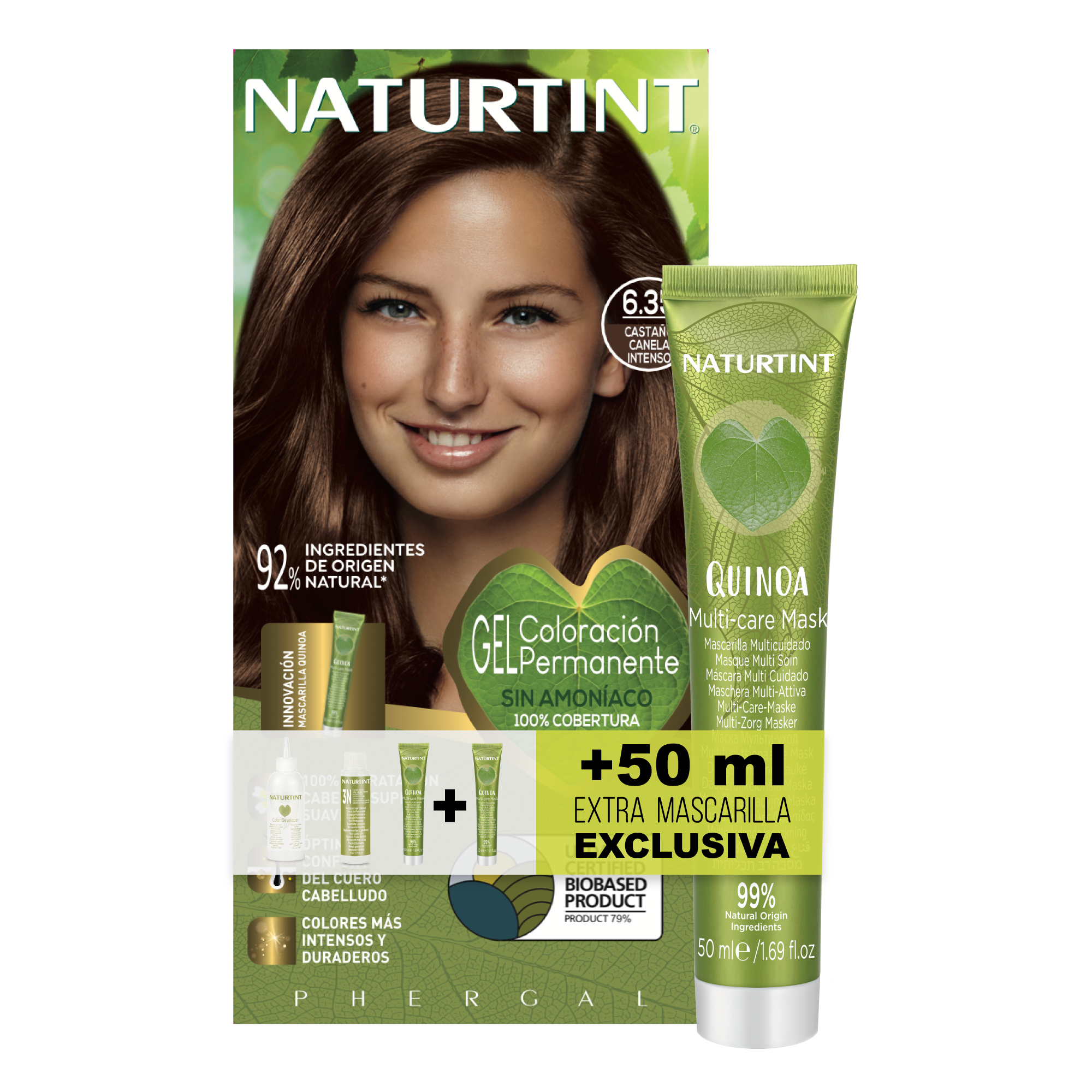 NATURTINT Biobased, Coloración Permanente Sin Amoniaco + Extra Mascarilla 50ml, 100% Cobertura de Canas, Tinte para el Cabello con Ingredientes Naturales, Color Intenso, Natural y Duradero 170ml