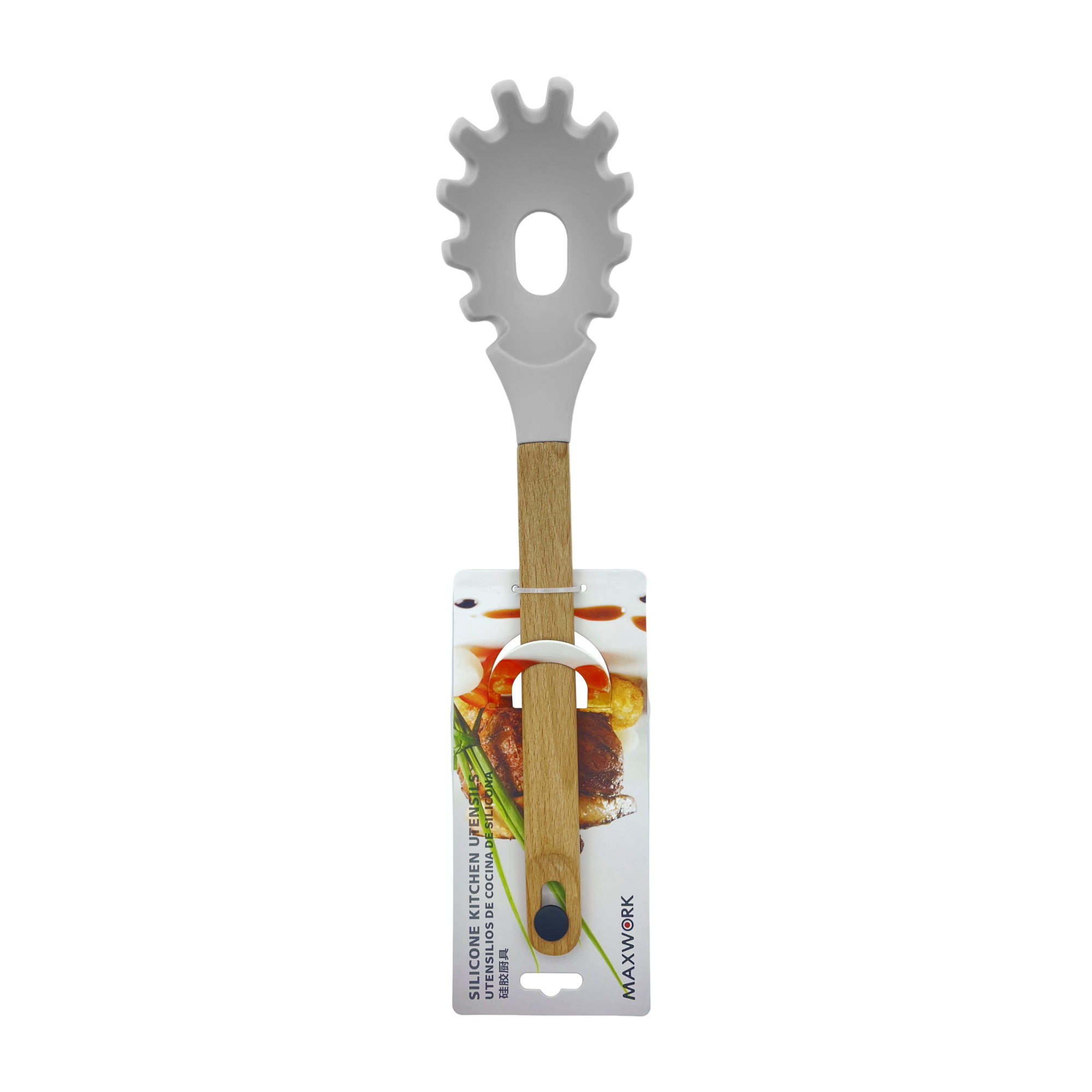 MAXWORK  de pasta de silicona, cuchara de espagueti con mango madera, resistente al calor