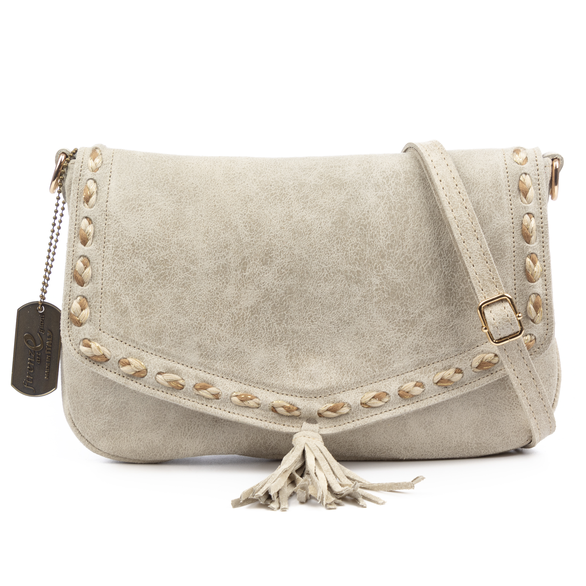 FIRENZE ARTEGIANI Belmonte Bolso bandolera Mujer. Piel auténtica Gamuza Lavado a la Piedra. 27x6x17cm.