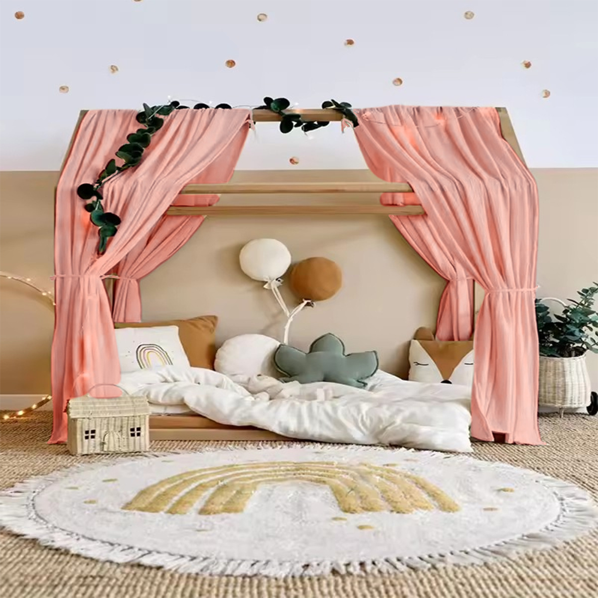 OmHO Cortina de cama de estilo nórdico popular de ins, cortina de cama opaca de crepé de algodón puro de doble capa para cama de niños, cortina para cama de bebé