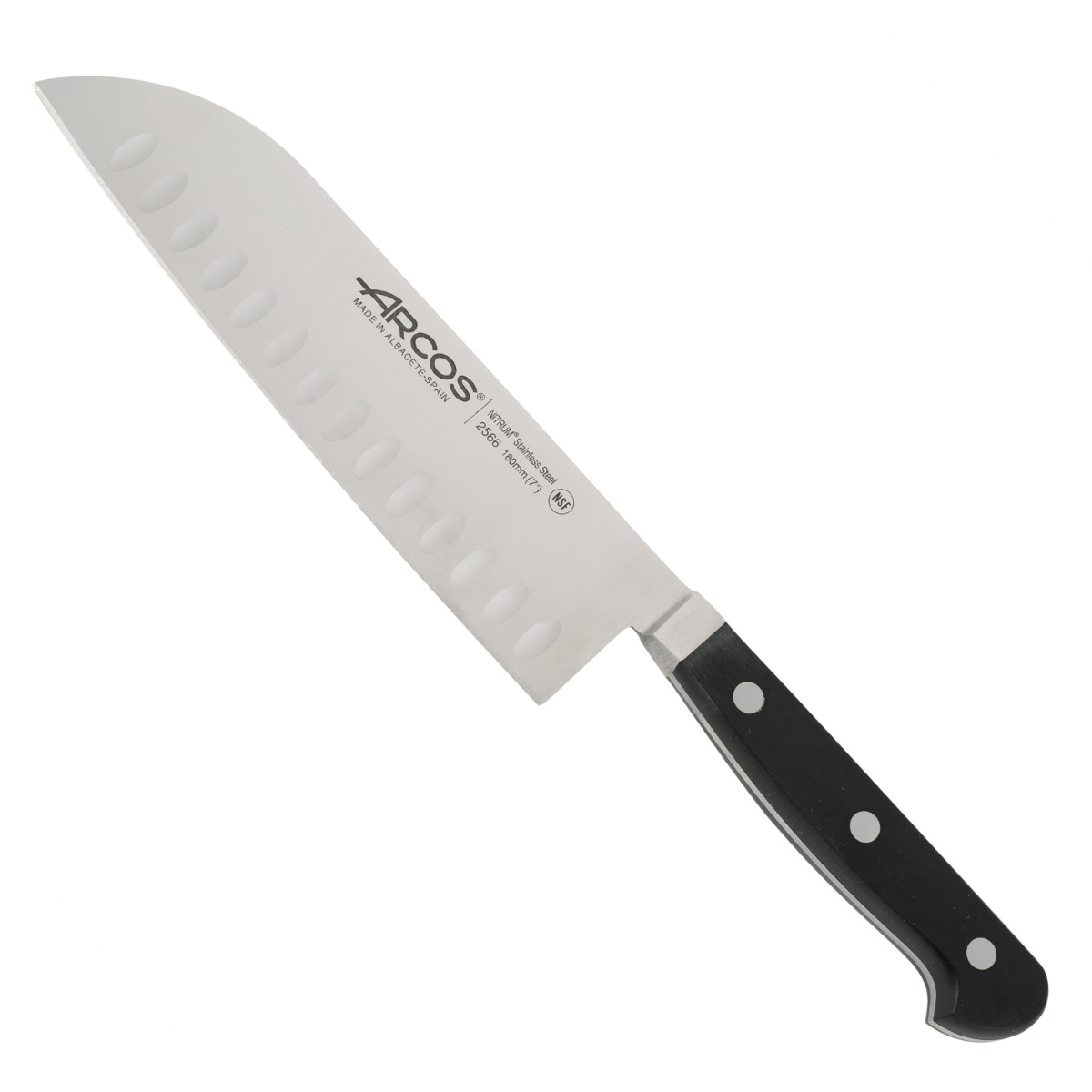 Arcos Cuchillo Santoku Forjado NITRUM 180 mm - Cuchillo Asiático Profesional con Mango POM Negro, Hoja de Acero Inoxidable Resistente a la Corrosión - Serie Clásica