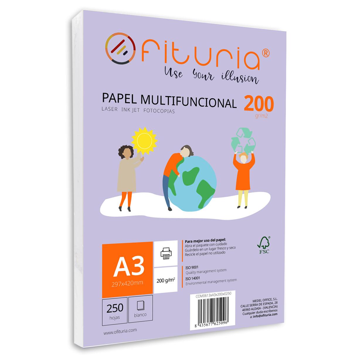 Paquete de folios A3 de 200gr con 250 Hojas Blancas, Papel Multifuncional para Uso Escolar y Entornos Laborales. Ideal con impresoras láser, de inyección o fotocopiadoras - Ofituria