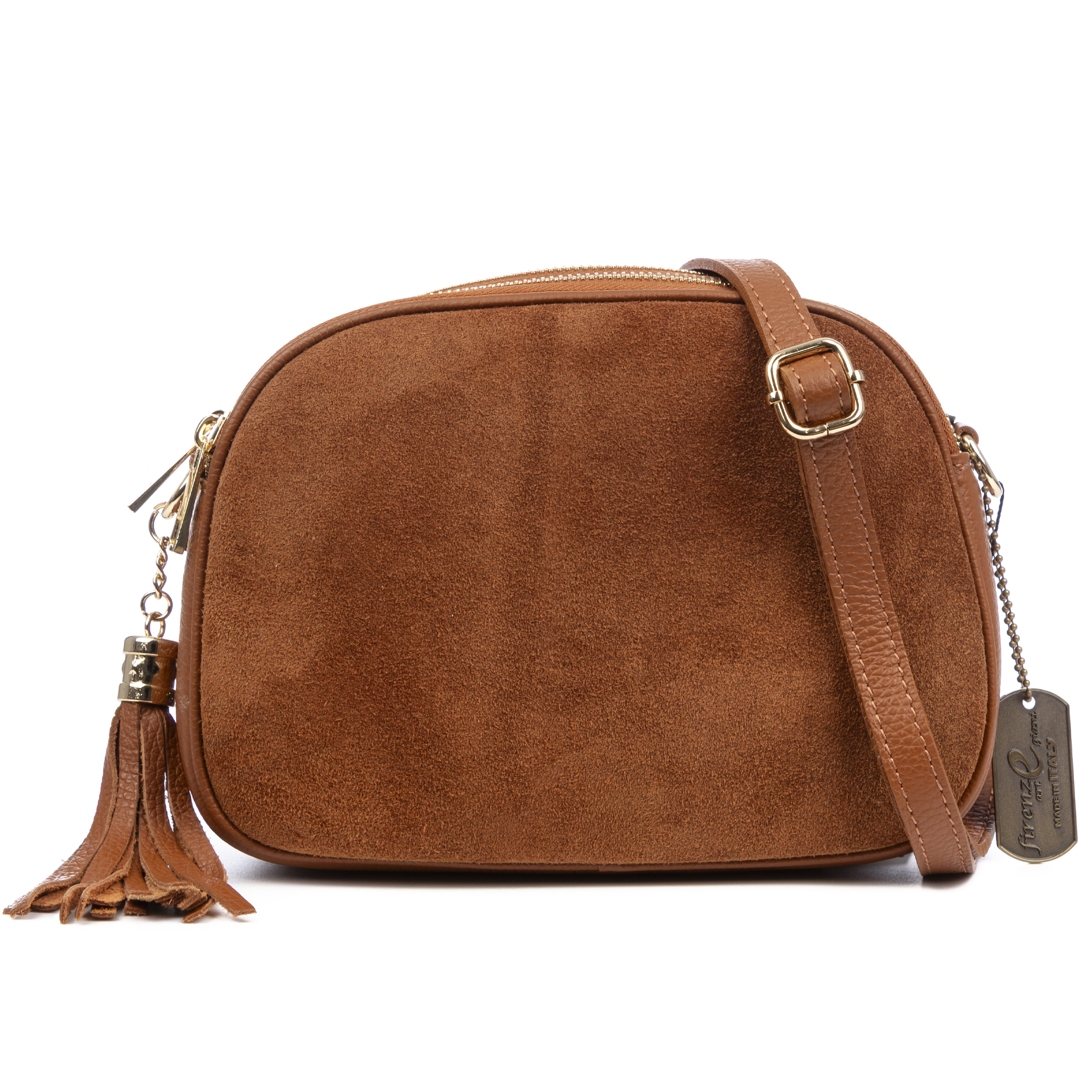 FIRENZE ARTEGIANI Aliminusa bolso bandolera Mujer. Piel auténtica Gamuza y Dollaro. Fabricado en Italia 22x9x16 Cm. Color: Cuero