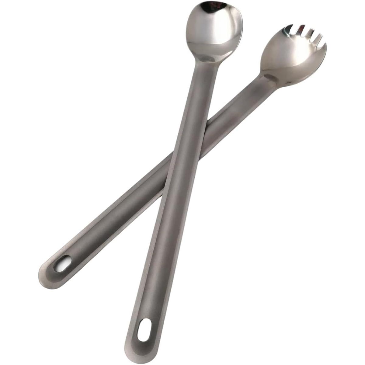 Cubiertos de camping de titanio de 2 piezas: cuchara larga 2 en 1, tenedor-cuchara, cuchara de café ultraligera, cuchara de postre, tenedor, cubiertos de viaje, cubiertos para exteriores.