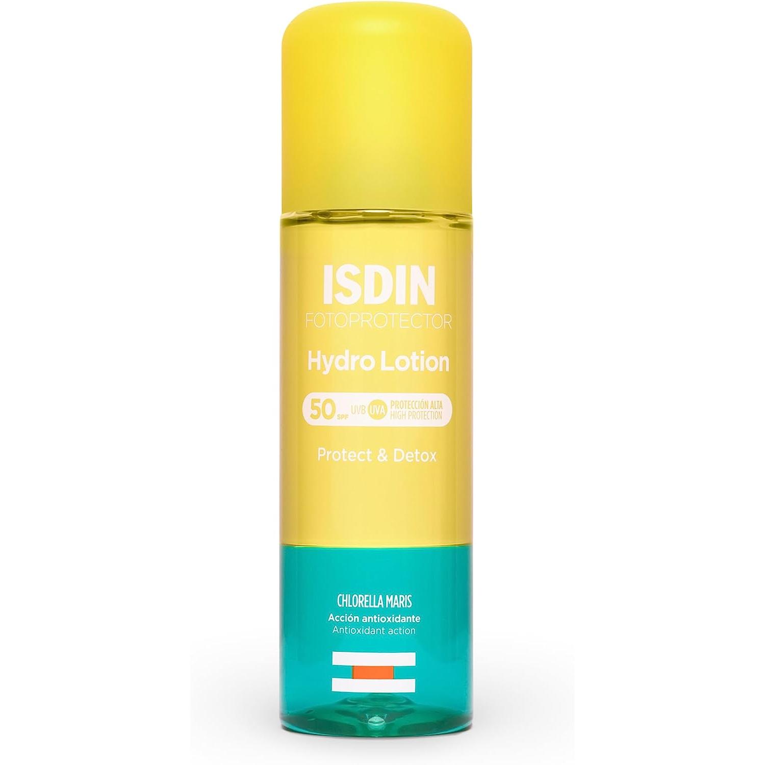 ISDIN HydroLotion SPF 50 - Fotoprotector solar Corporal Bifásico, PROTECT & DETOX, Hidratante, Piel radiante, 200 ml