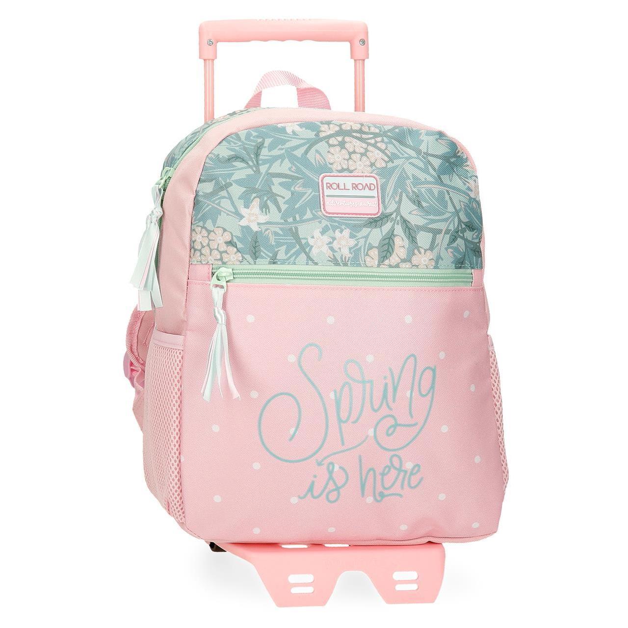 Mochila escolar con carro Roll road Spring is here rosa claro