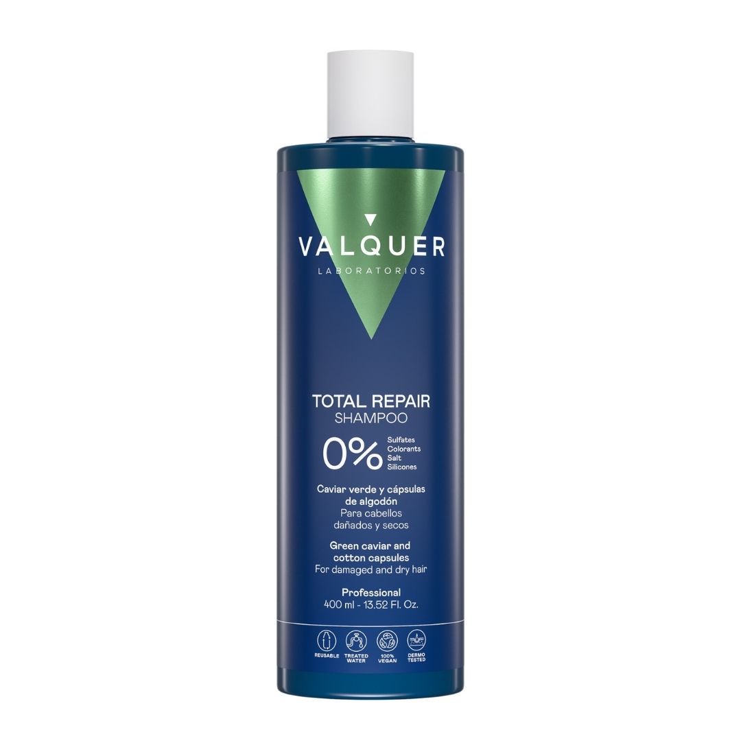 VALQUER Champú Total Repair Fórmula 0% | Cabello Seco y Dañado | Sin Sulfatos, Siliconas, Sal ni Colorantes | Con Caviar Verde y Queratina Vegetal | 1000 ml
