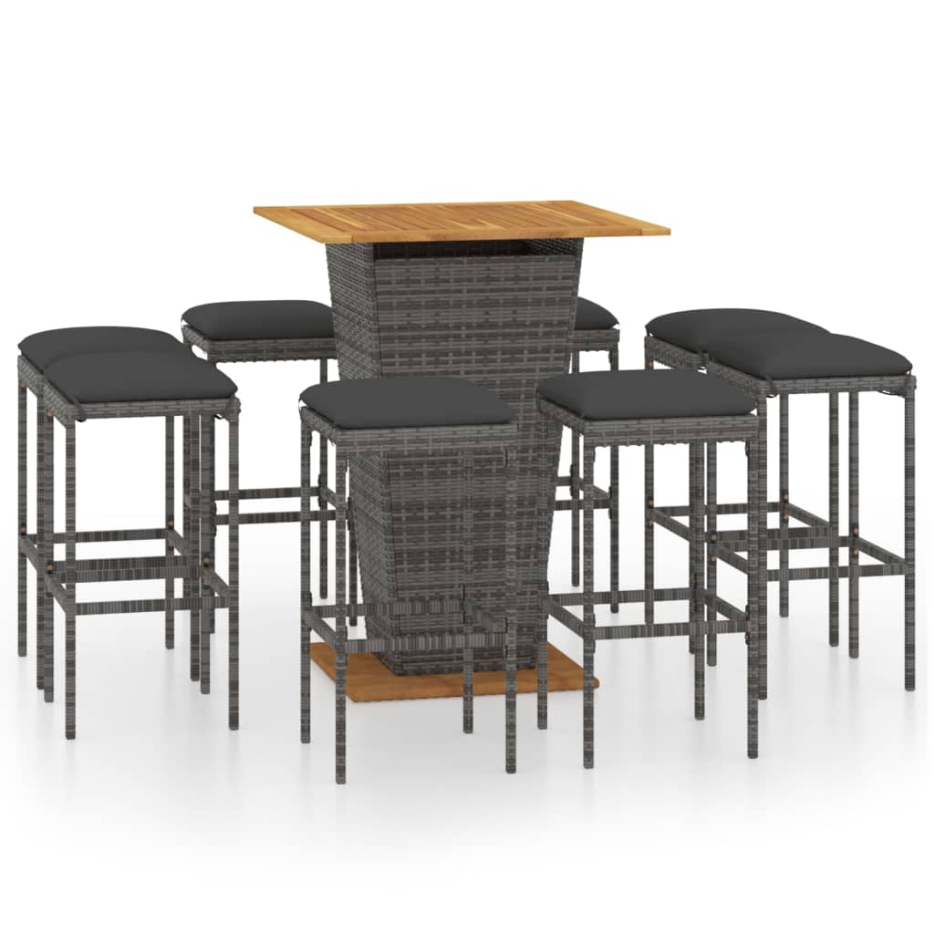vidaXL Set de muebles de bar de jardín 9 pzas y cojines ratán PE gris