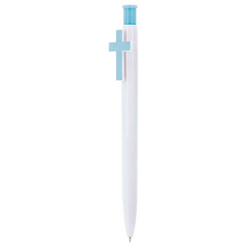 Boligrafo en PVC con pulsador en forma de Cruz en color Rosa o Azul. Con escritura en Azul. Medida 13,60 cm. Un regalos perfecto para dar como recuerdo a los invitados a una Primera Comunión o un Bautizo.