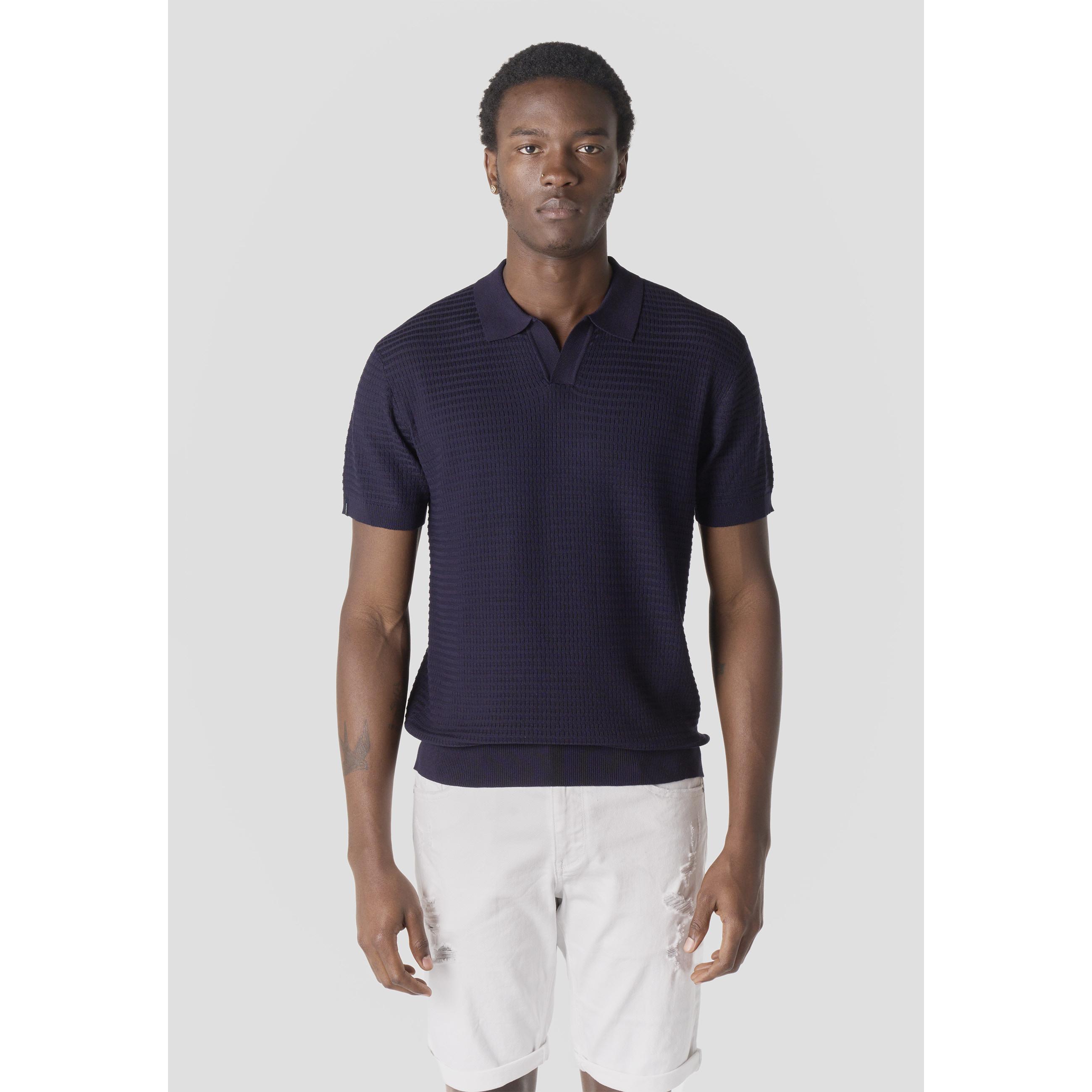 Koroshi - Polo hombre manga corta de punto estructurado con cuello abierto estilo johnny, 80% viscosa y 20% poliéster, kaki o navy